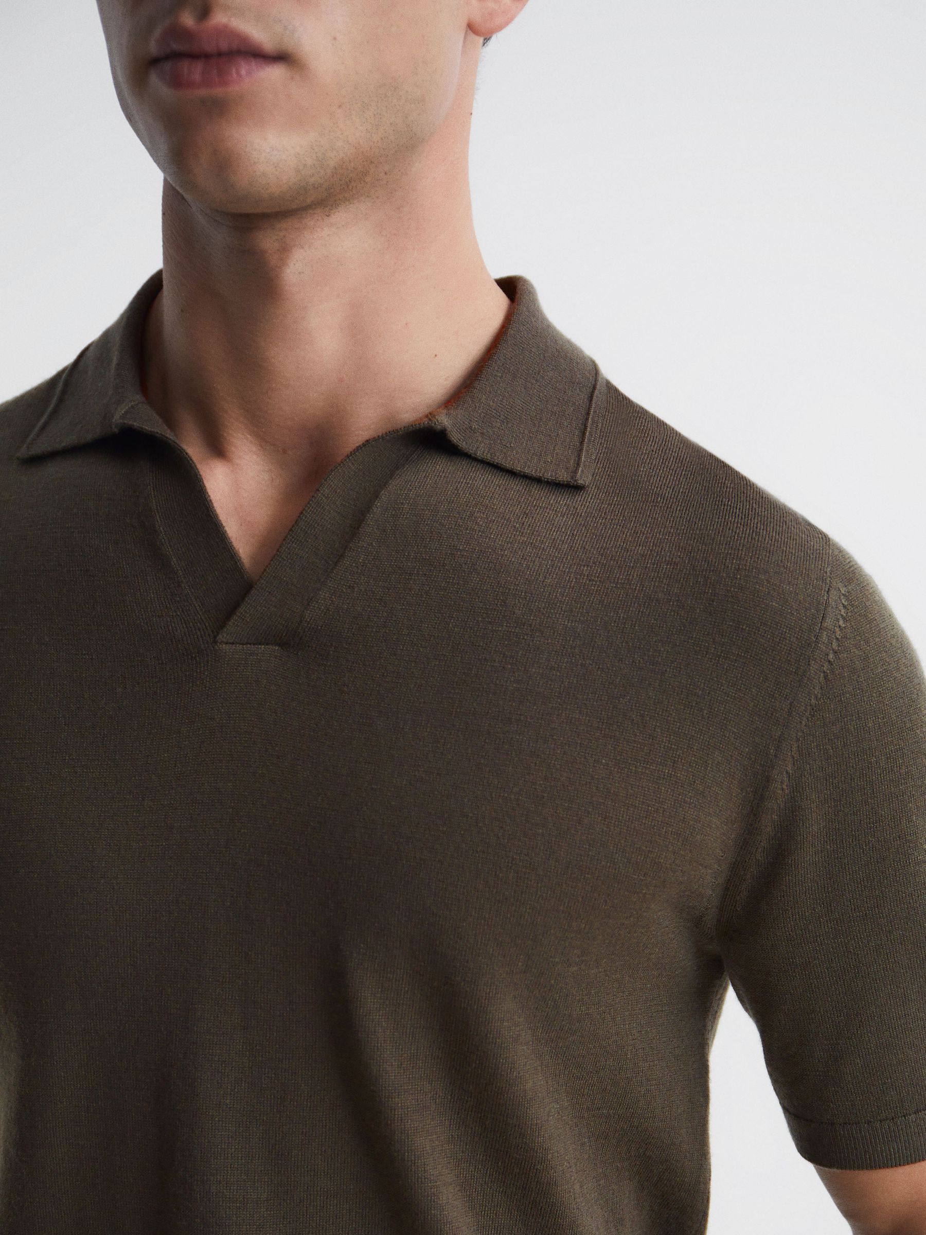 Merino Wool Open Collar Polo Shirt in Dark Military Green - Image 4 of 7