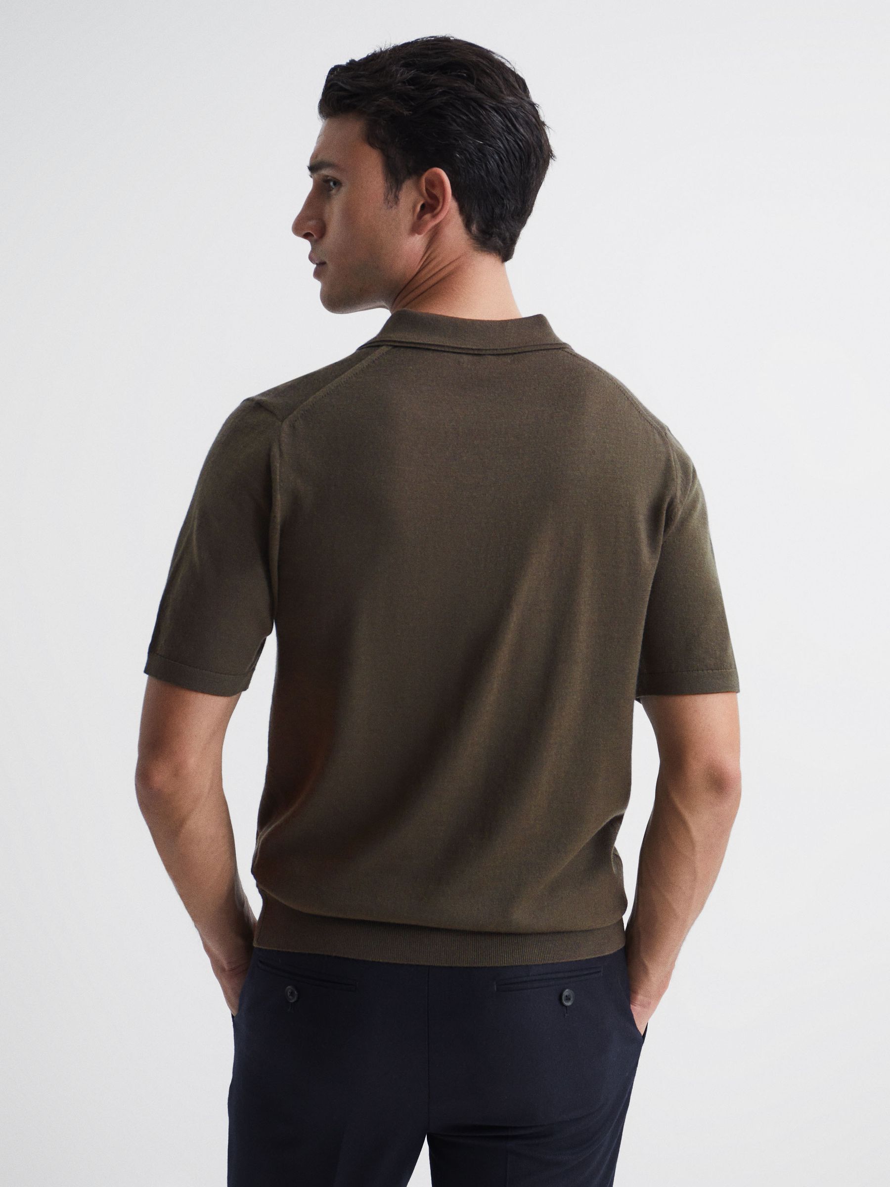 Merino Wool Open Collar Polo Shirt in Dark Military Green - Image 5 of 7