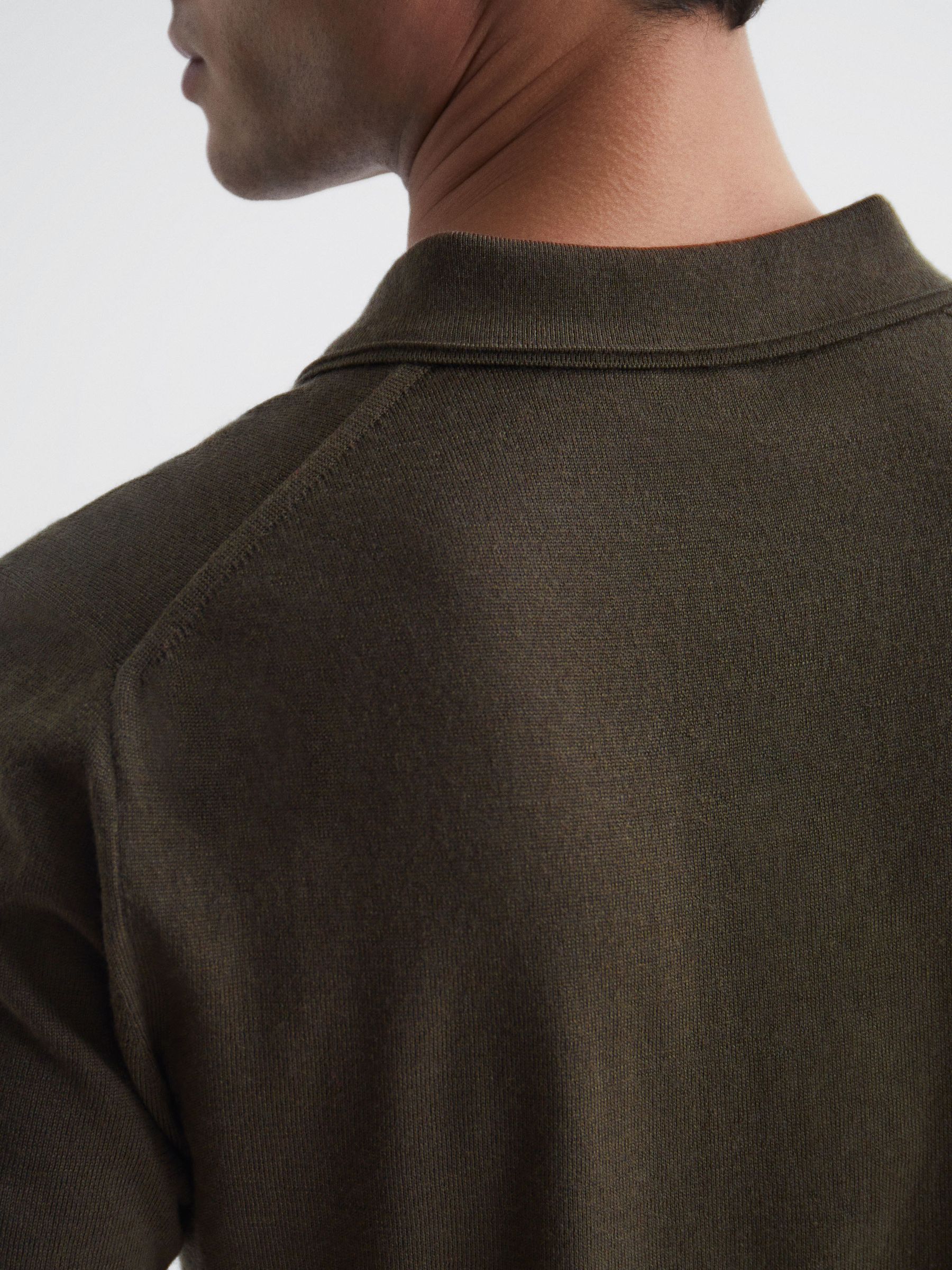 Merino Wool Open Collar Polo Shirt in Dark Military Green - Image 6 of 7