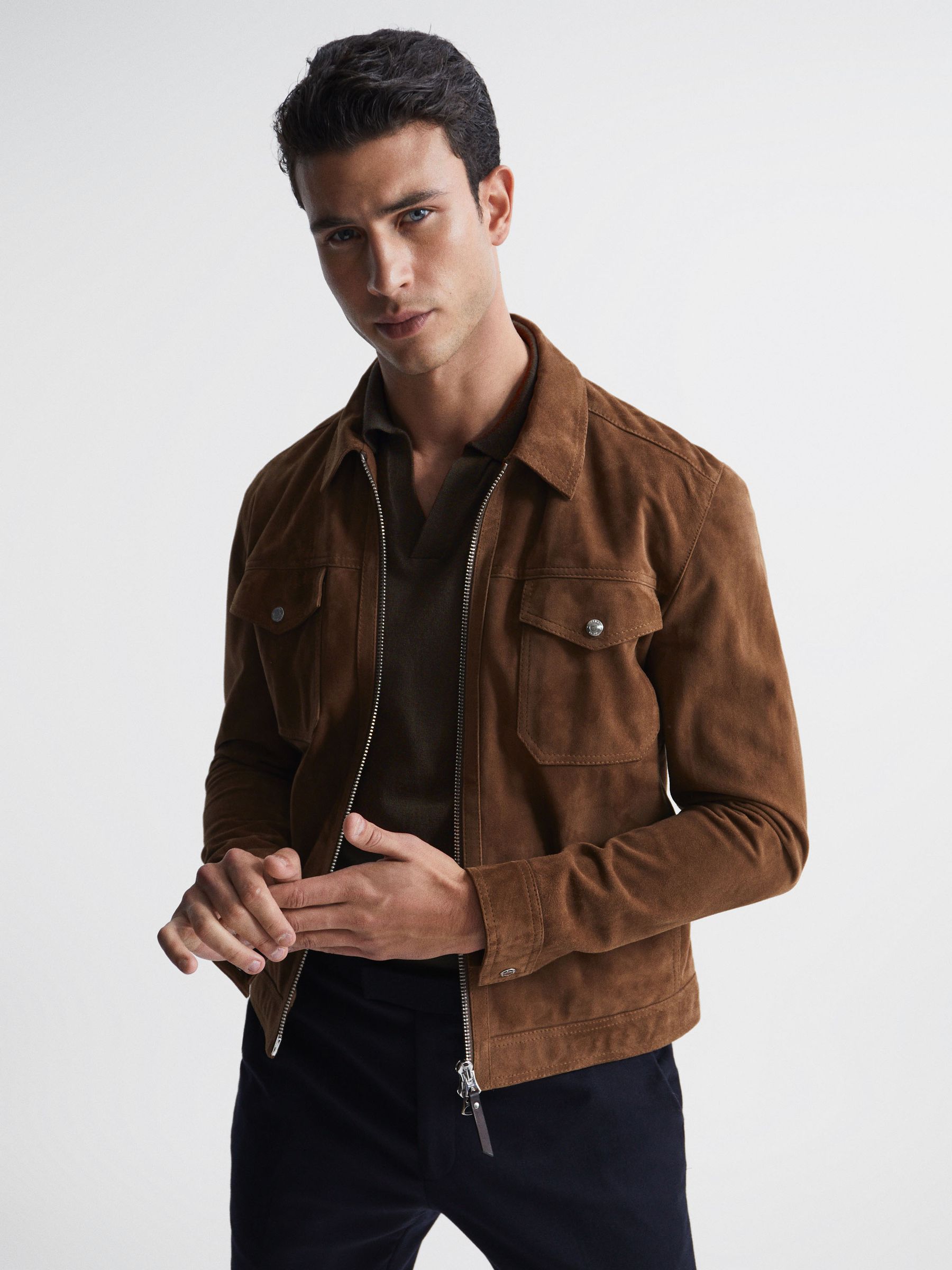 Merino Wool Open Collar Polo Shirt in Dark Military Green - Image 7 of 7