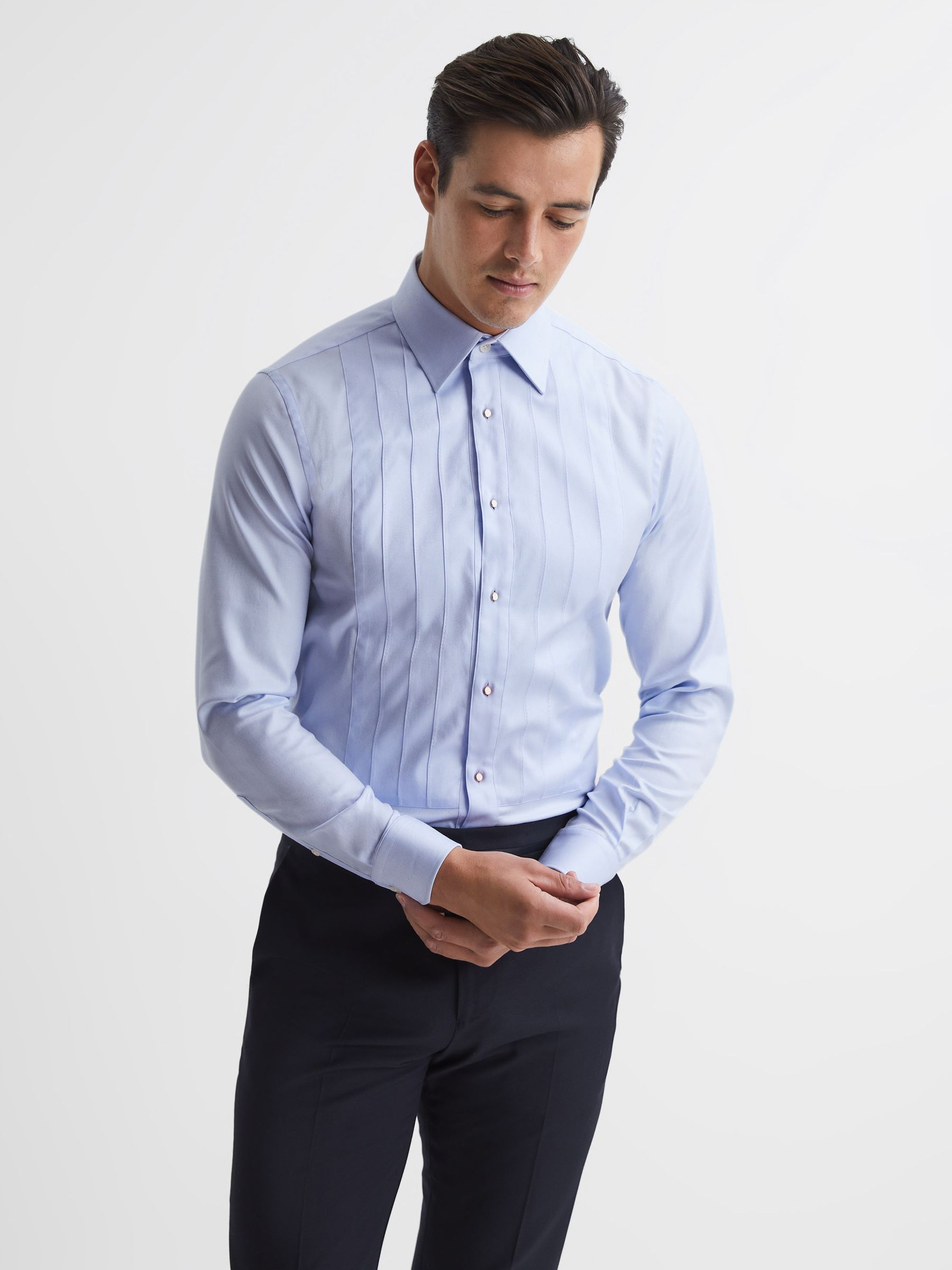 Pleated Bib Slim Fit Formal Dinner Shirt in Soft Blue - Image 1 of 7