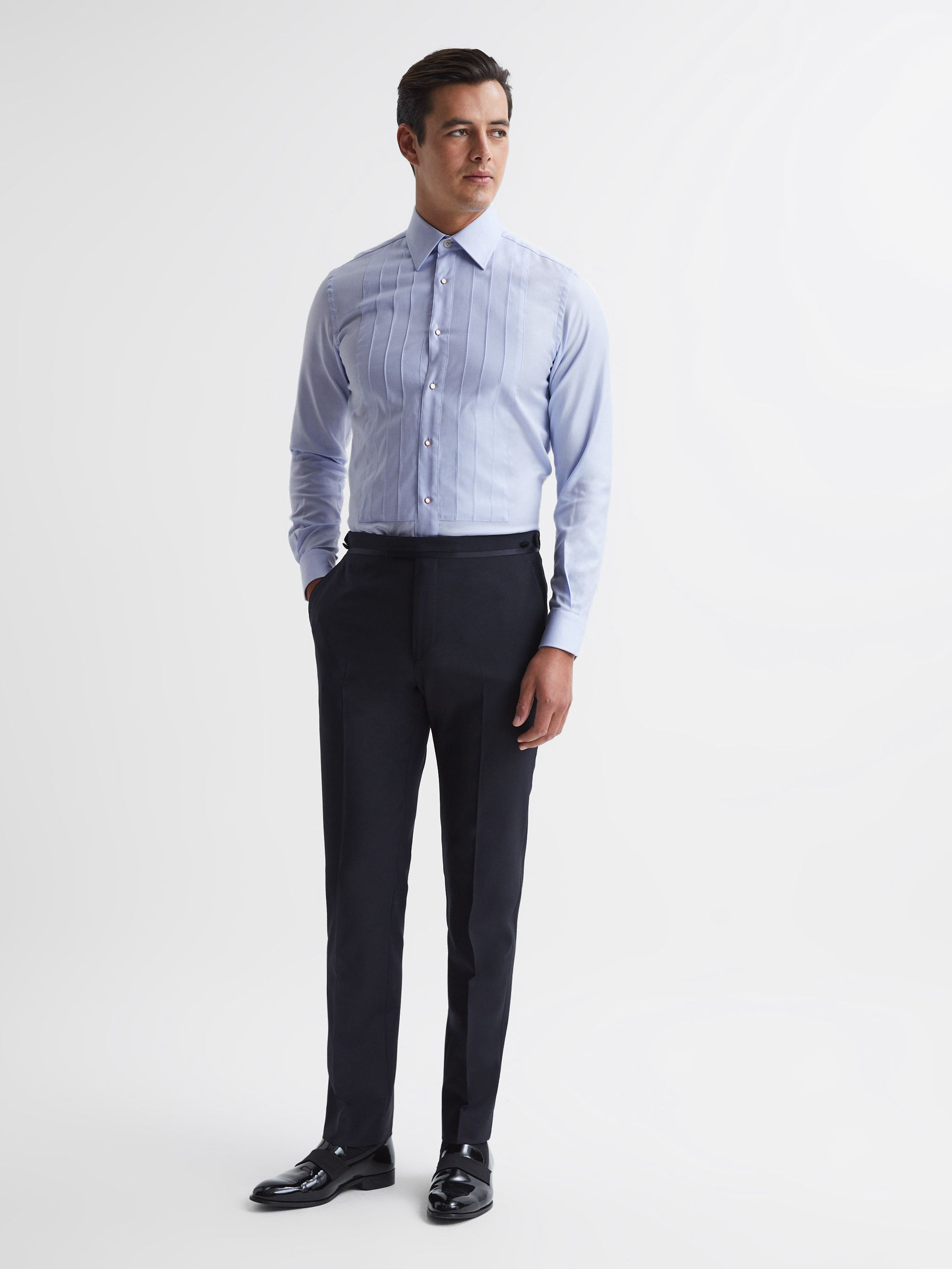 Pleated Bib Slim Fit Formal Dinner Shirt in Soft Blue - Image 2 of 7