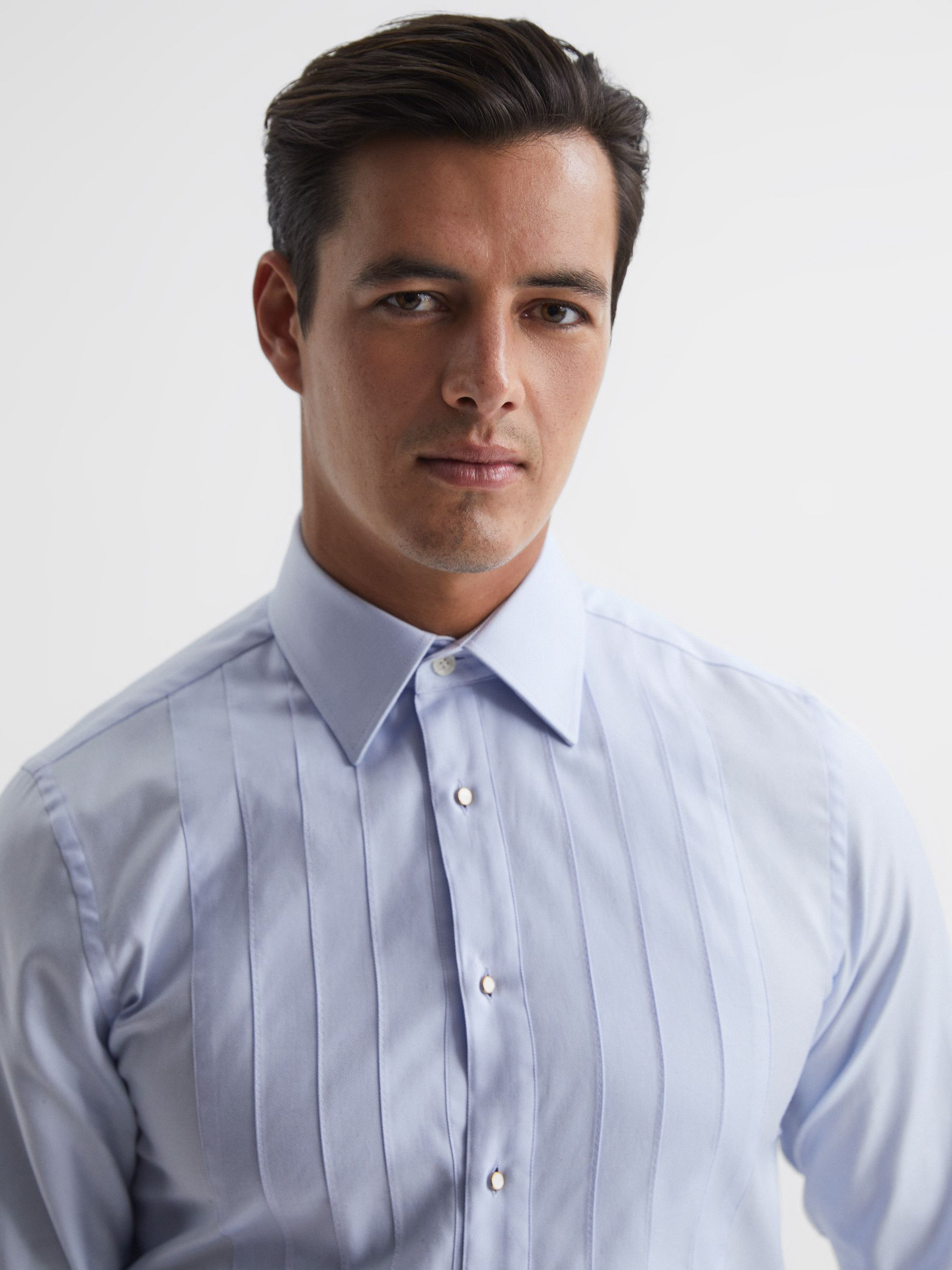 Pleated Bib Slim Fit Formal Dinner Shirt in Soft Blue - Image 3 of 7