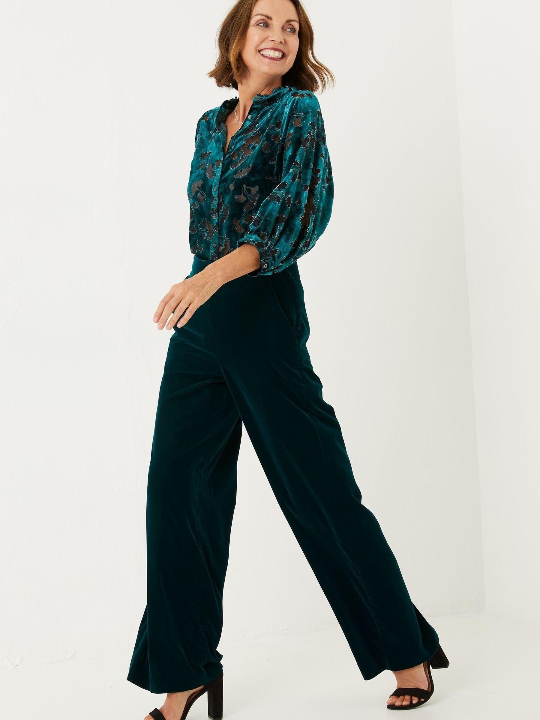 Green Wide Leg Velvet Trousers - Image 1 of 3 Green Wide Leg Velvet Trousers - Image 1 of 3