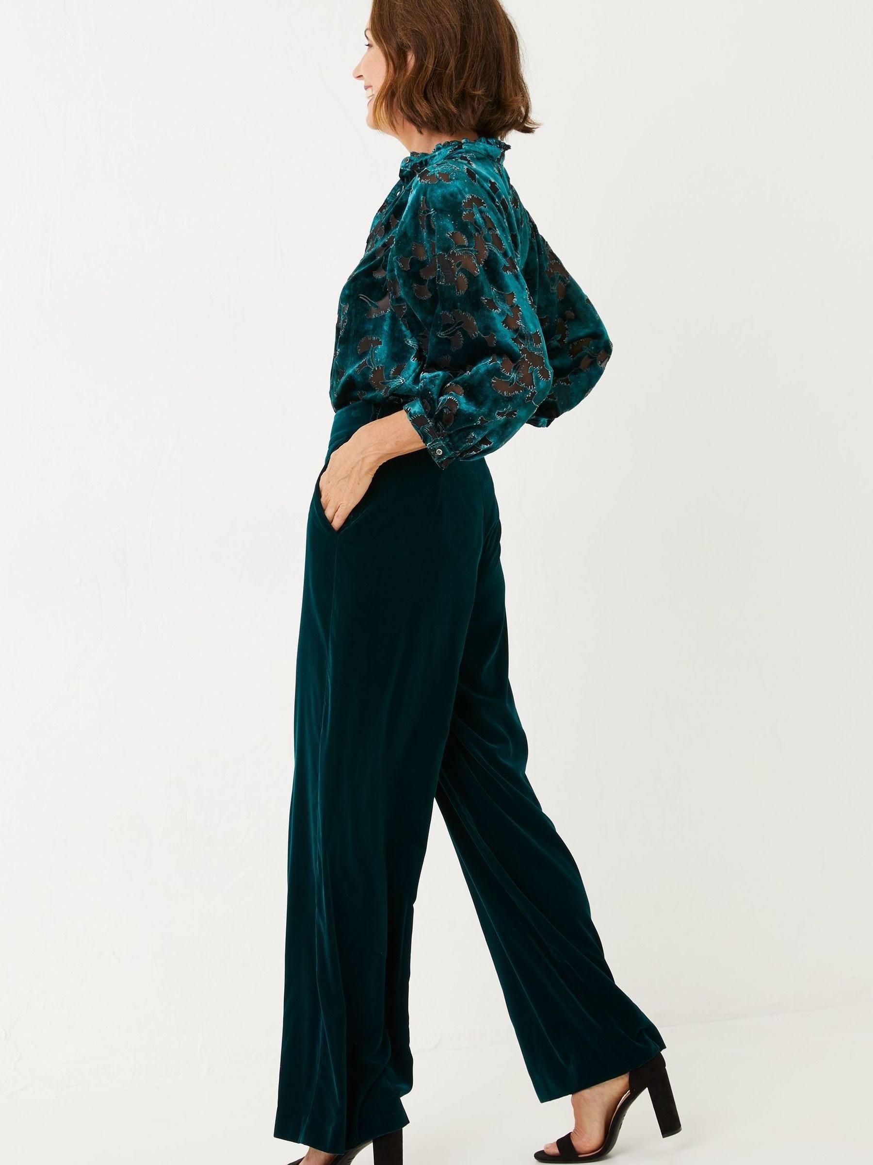 Green Wide Leg Velvet Trousers - Image 2 of 3