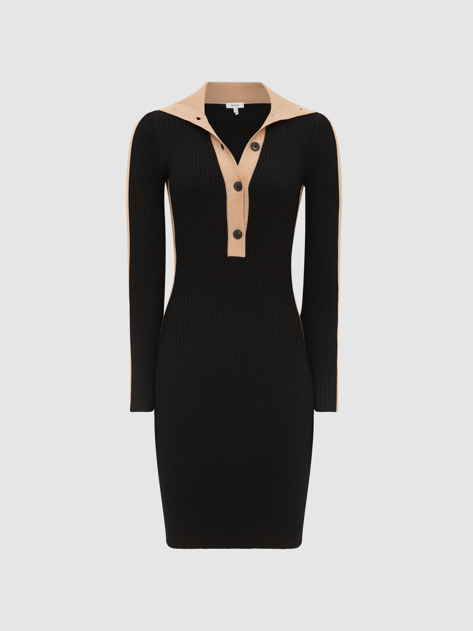 Ribbed Colourblock Mini Dress in Black/Camel - Image 2 of 7