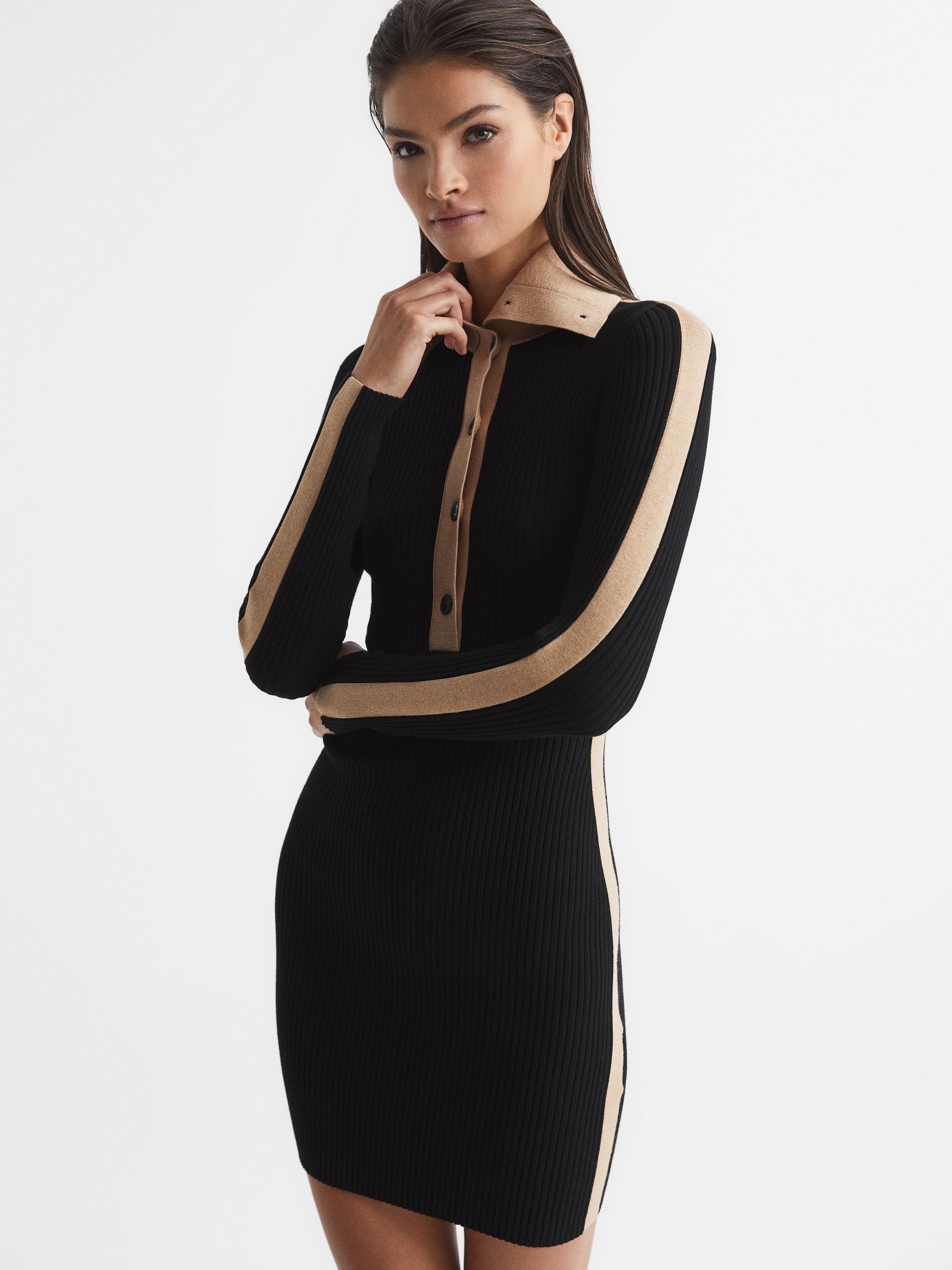 Ribbed Colourblock Mini Dress in Black/Camel - Image 6 of 7