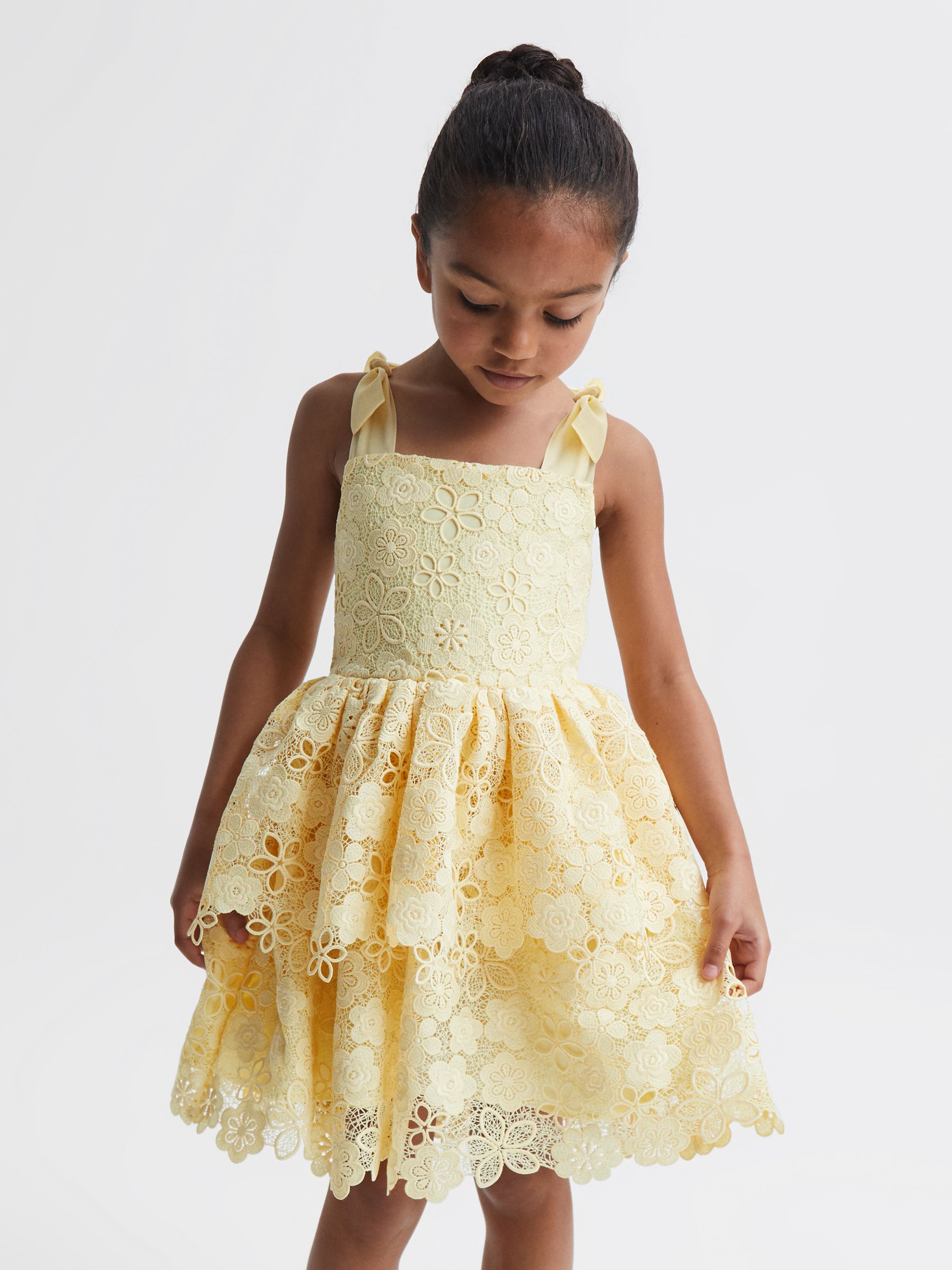 4-9 yrs Bow Strap Lace Dress in Lemon - Image 1 of 6