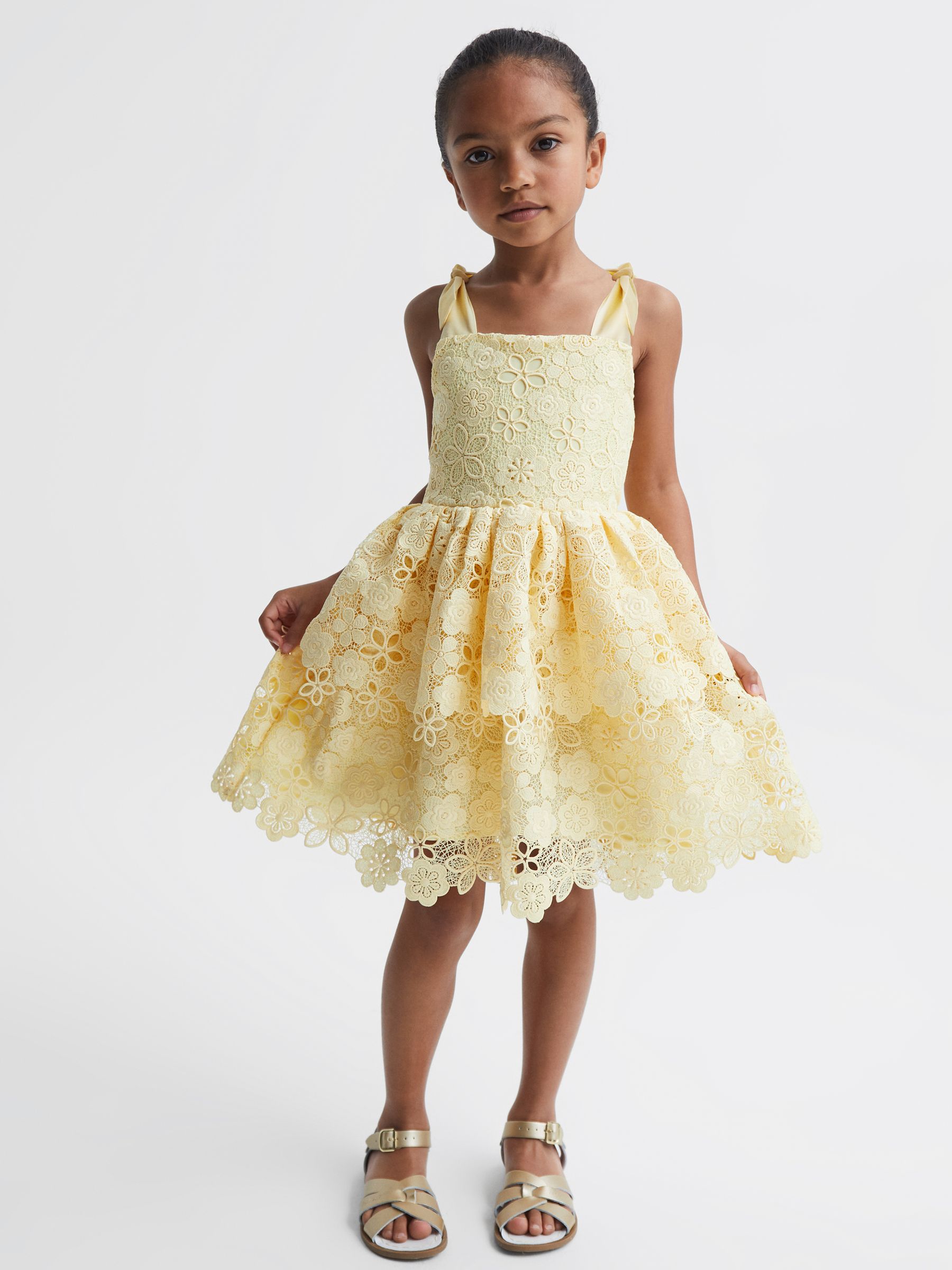 4-9 yrs Bow Strap Lace Dress in Lemon - Image 3 of 6