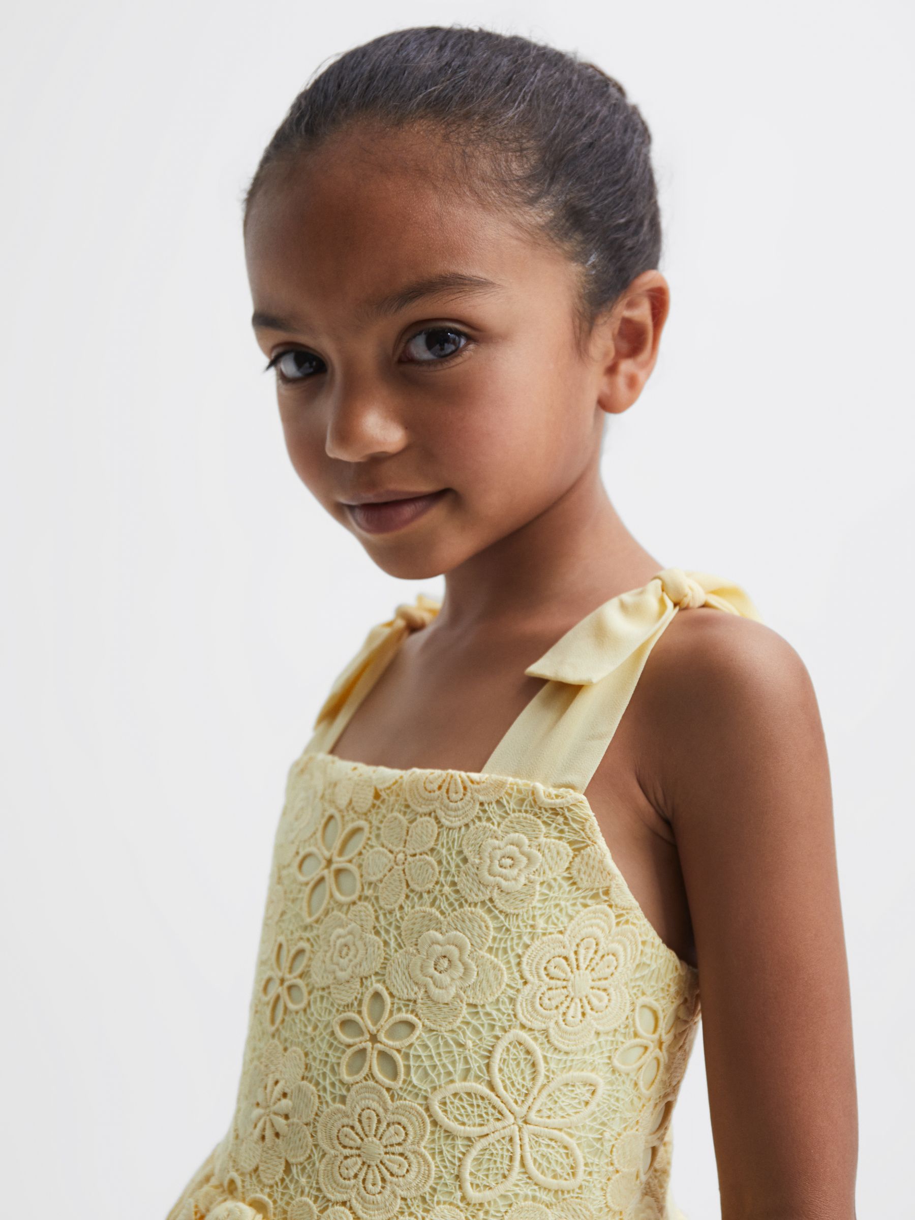 4-9 yrs Bow Strap Lace Dress in Lemon - Image 4 of 6