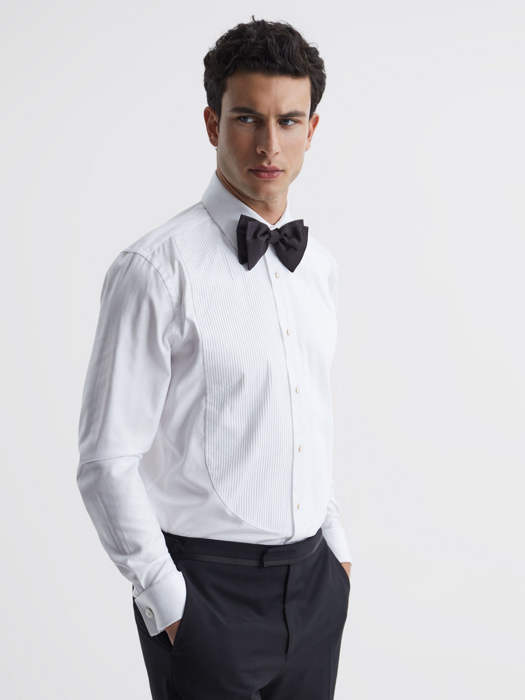 Pleated Bib Slim Fit Double Cuff Dinner Shirt in White - Image 1 of 8