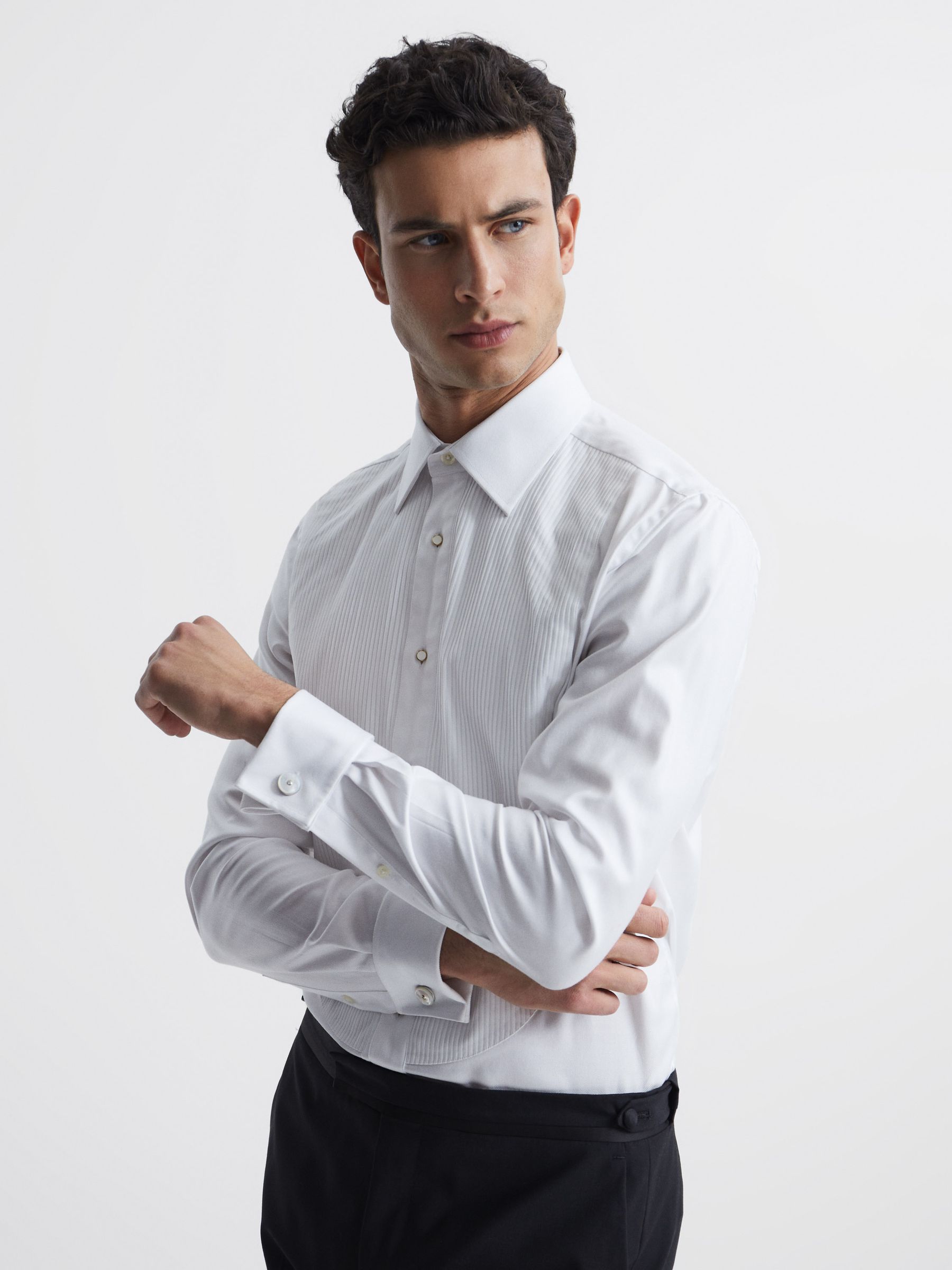 Pleated Bib Slim Fit Double Cuff Dinner Shirt in White - Image 4 of 8