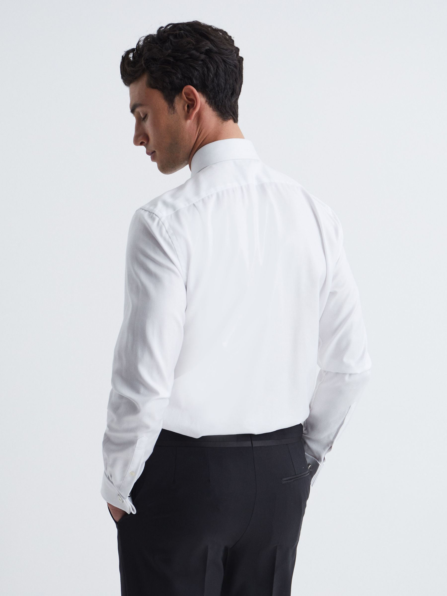 Pleated Bib Slim Fit Double Cuff Dinner Shirt in White - Image 5 of 8