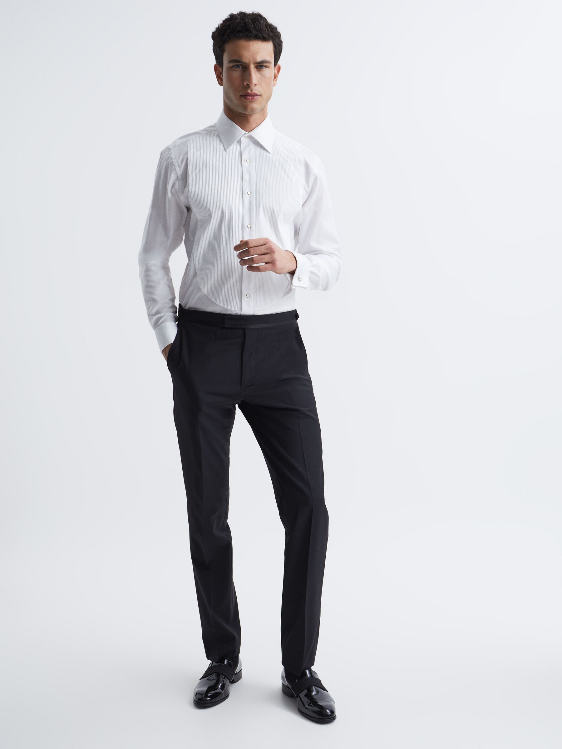 Pleated Bib Slim Fit Double Cuff Dinner Shirt in White - Image 8 of 8