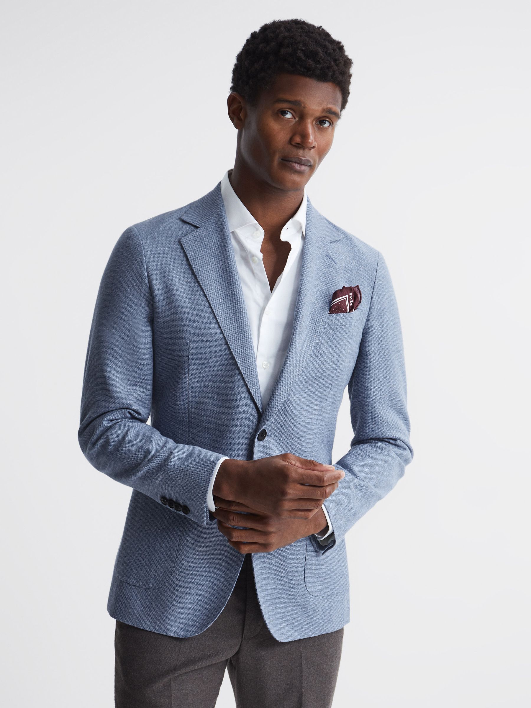 Single Breasted Patch Pocket Blazer in Soft Blue - Image 1 of 8