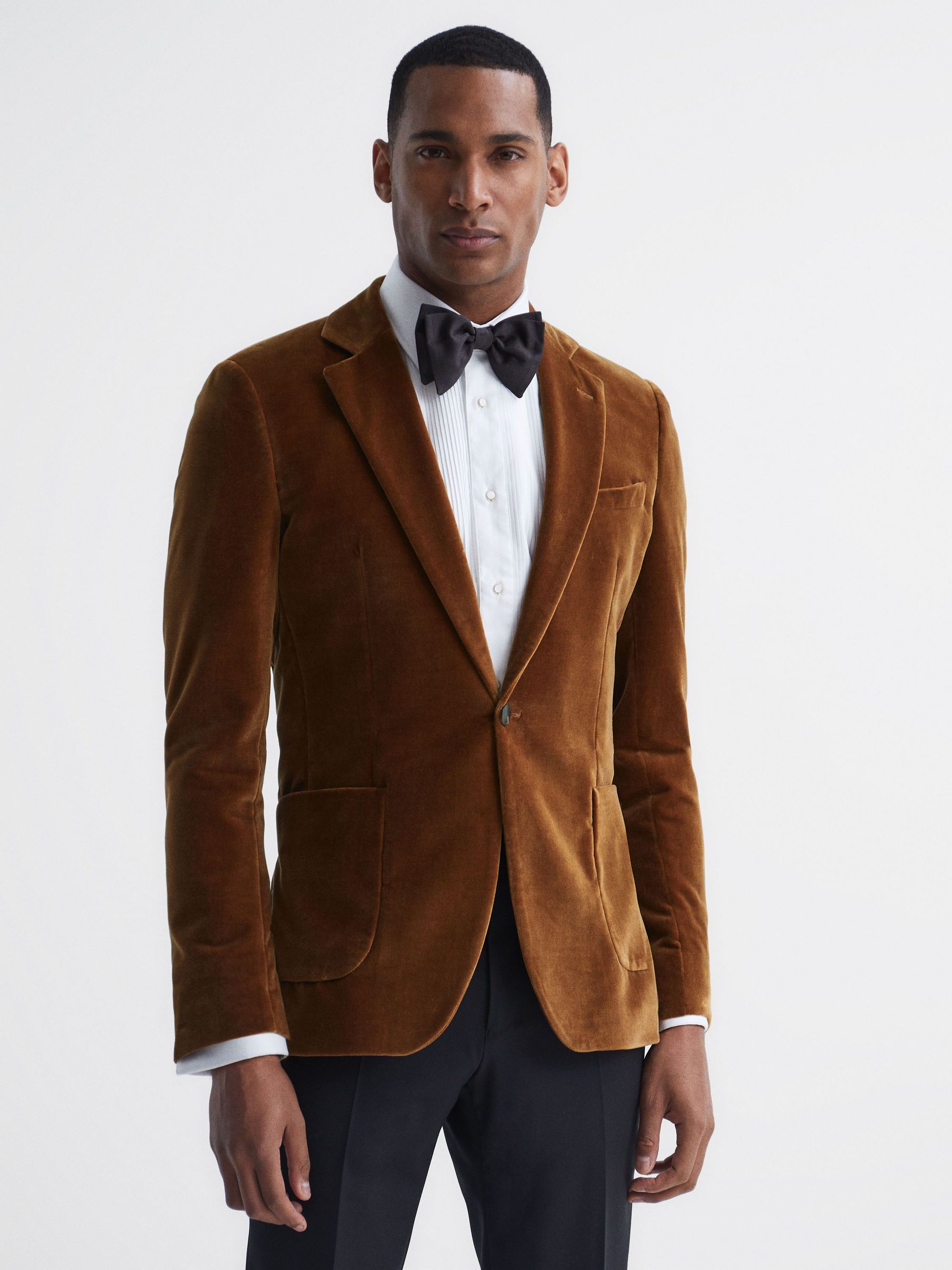 Slim Fit Single Breasted Velvet Blazer in Caramel - Image 1 of 8 Slim Fit Single Breasted Velvet Blazer in Caramel - Image 1 of 8