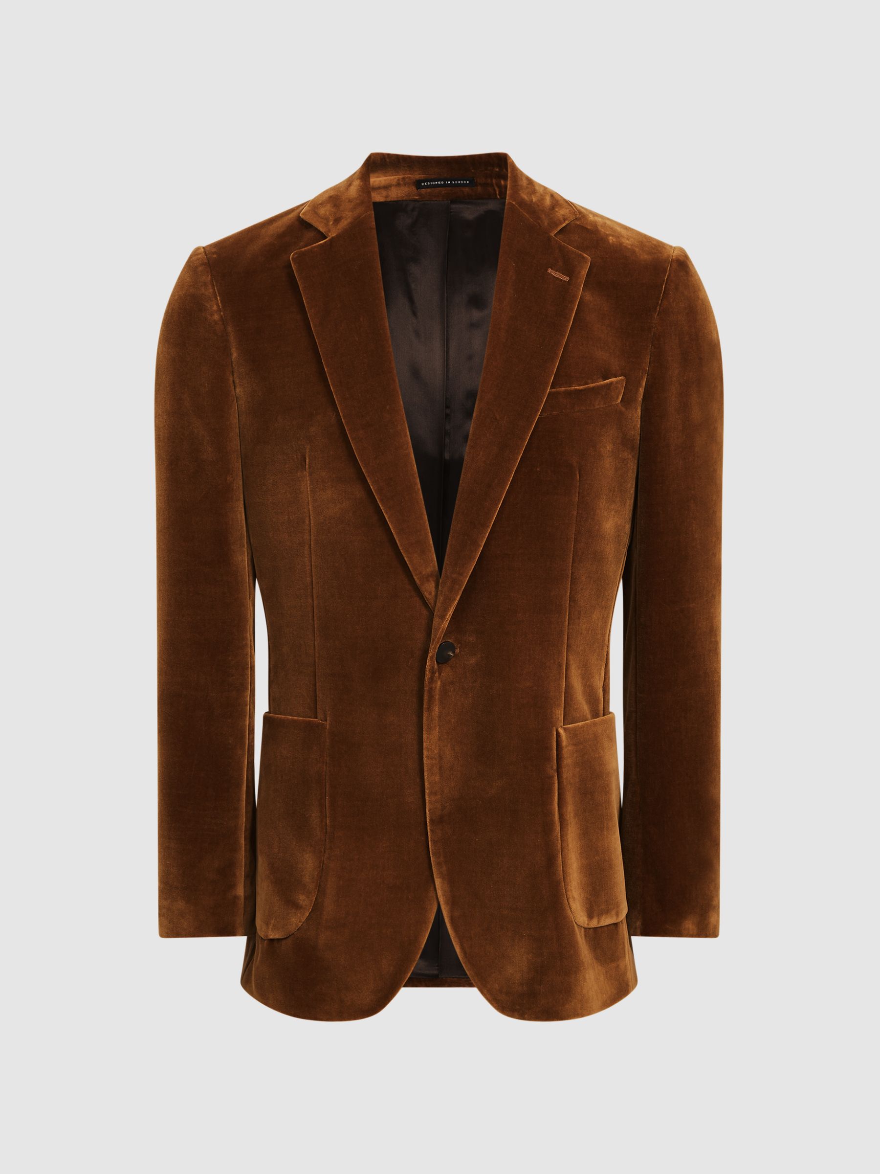 Slim Fit Single Breasted Velvet Blazer in Caramel - Image 2 of 8
