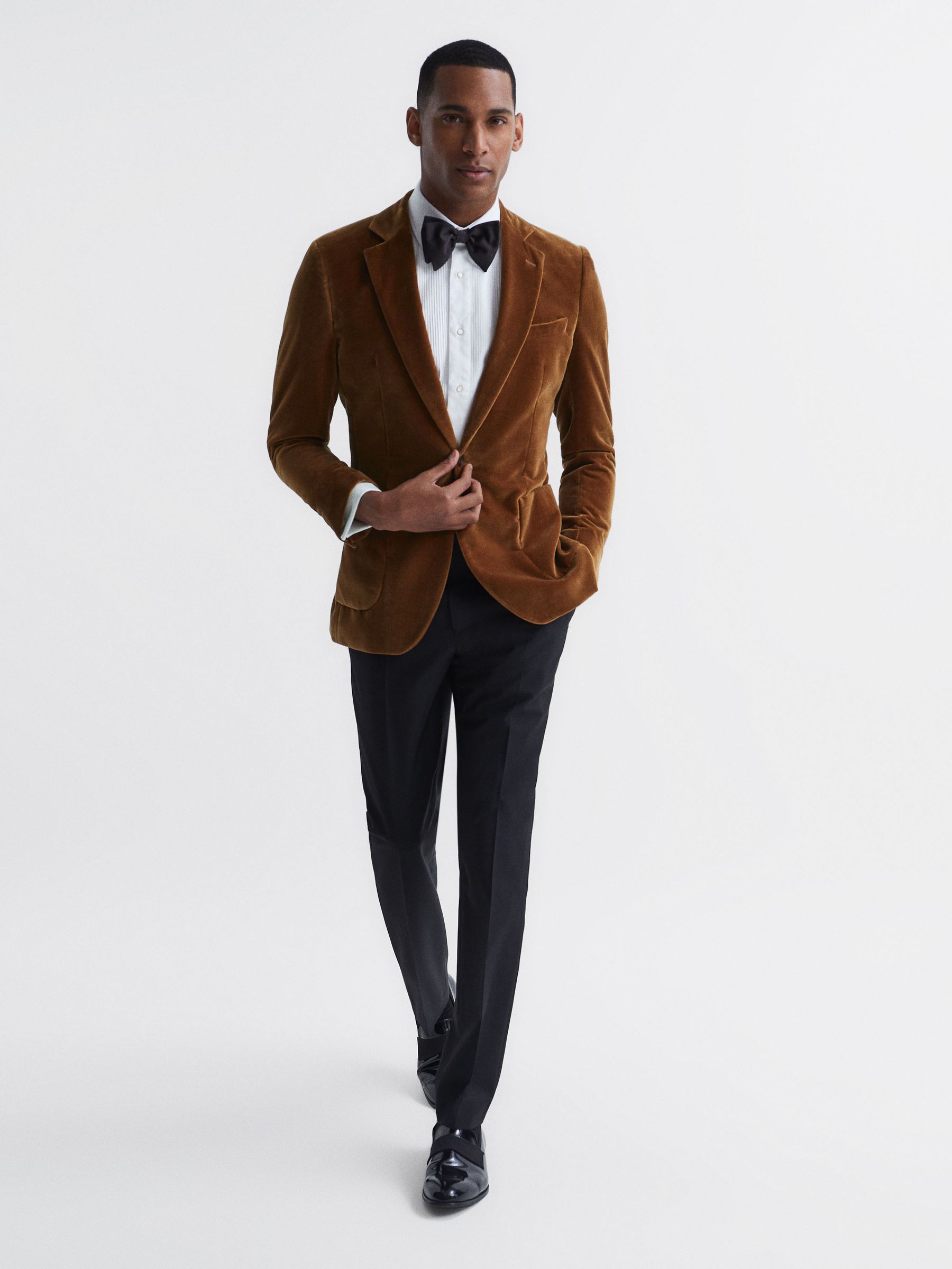Slim Fit Single Breasted Velvet Blazer in Caramel - Image 3 of 8