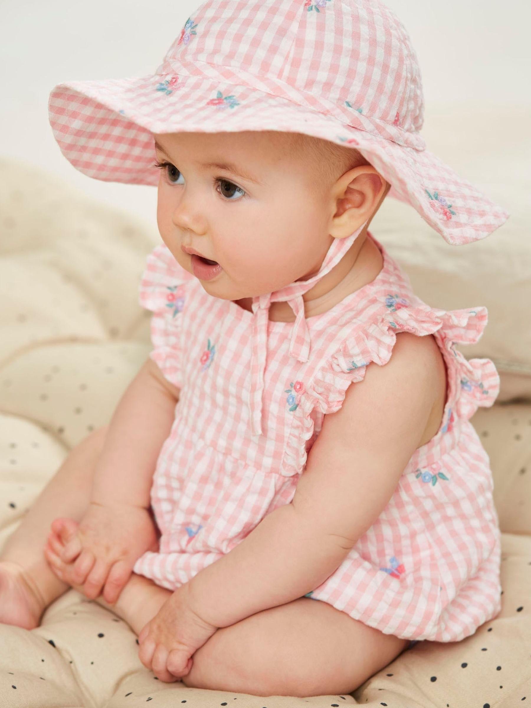 Pink Gingham Embroidered Bubble Baby Romper & Hat Set - Image 1 of 7
