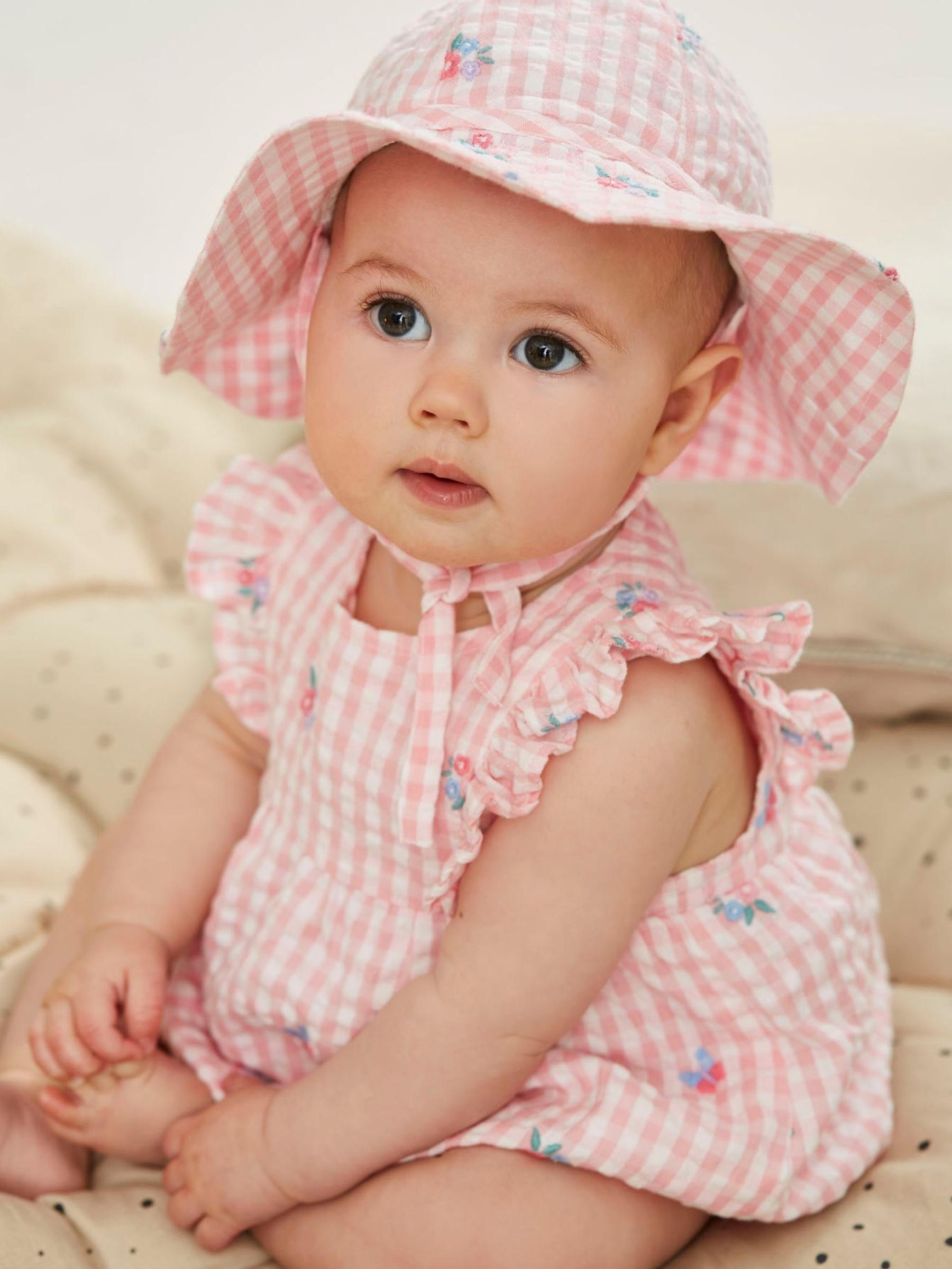 Pink Gingham Embroidered Bubble Baby Romper & Hat Set - Image 2 of 7