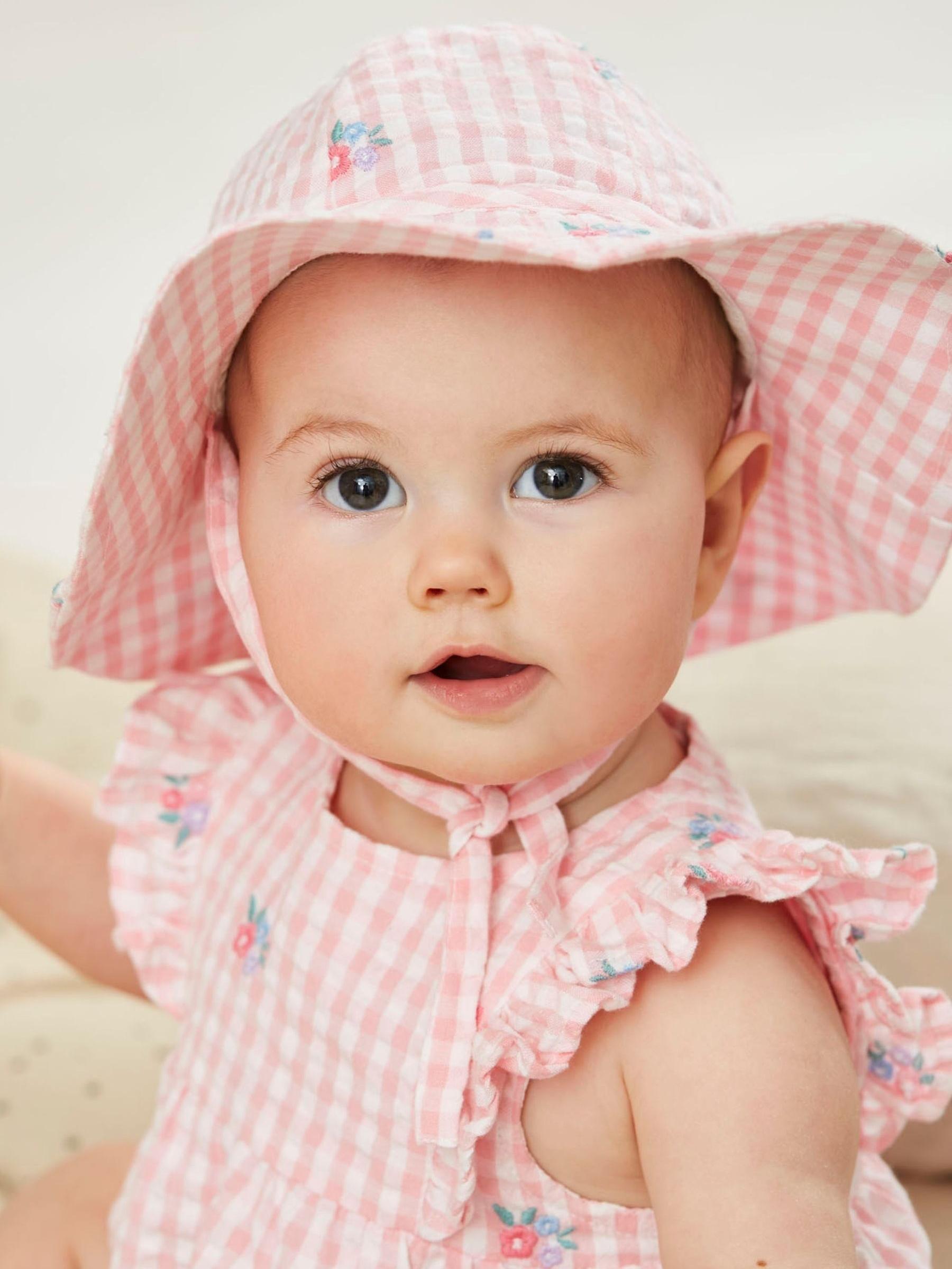 Pink Gingham Embroidered Bubble Baby Romper & Hat Set - Image 3 of 7