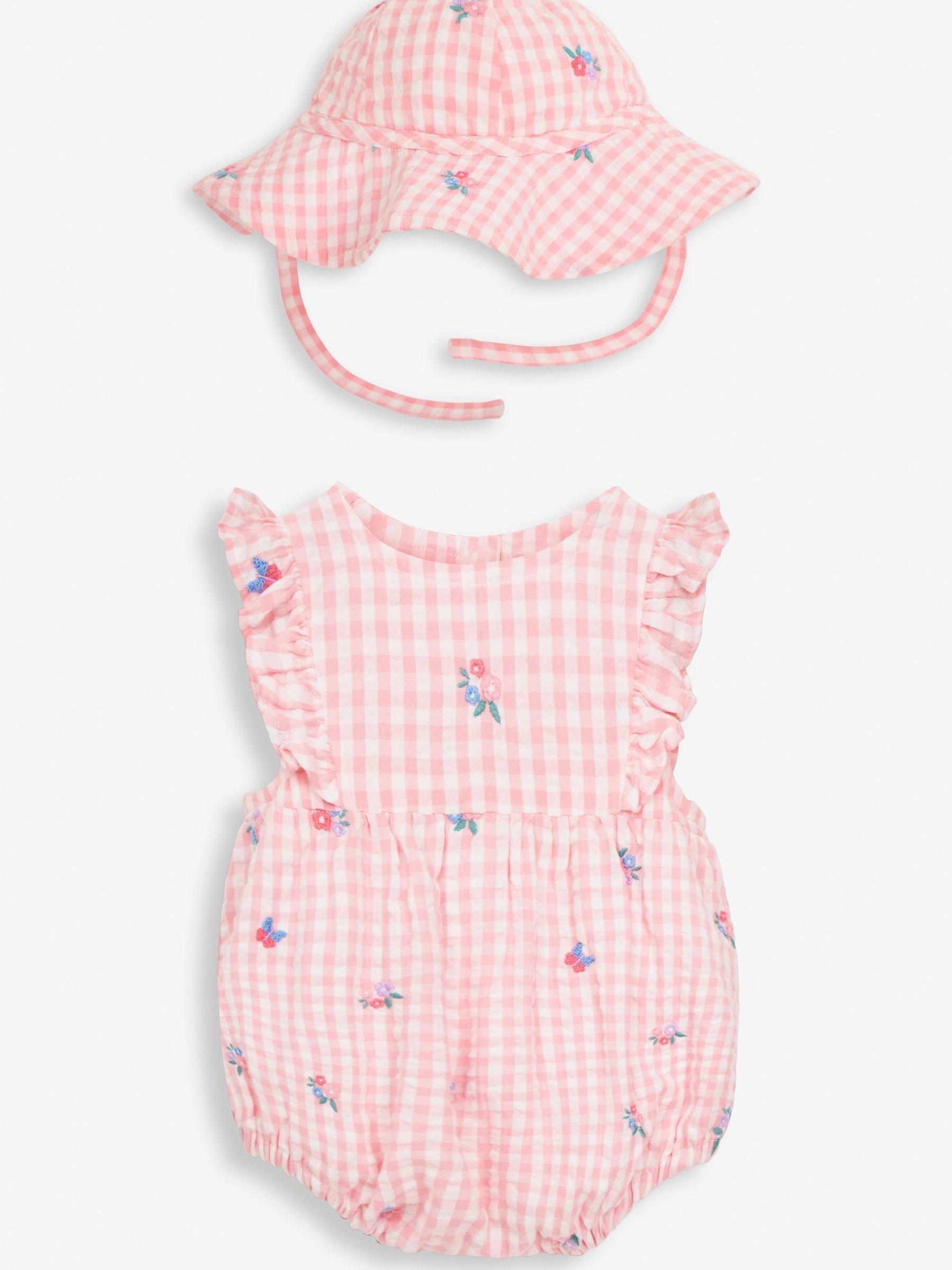 Pink Gingham Embroidered Bubble Baby Romper & Hat Set - Image 4 of 7