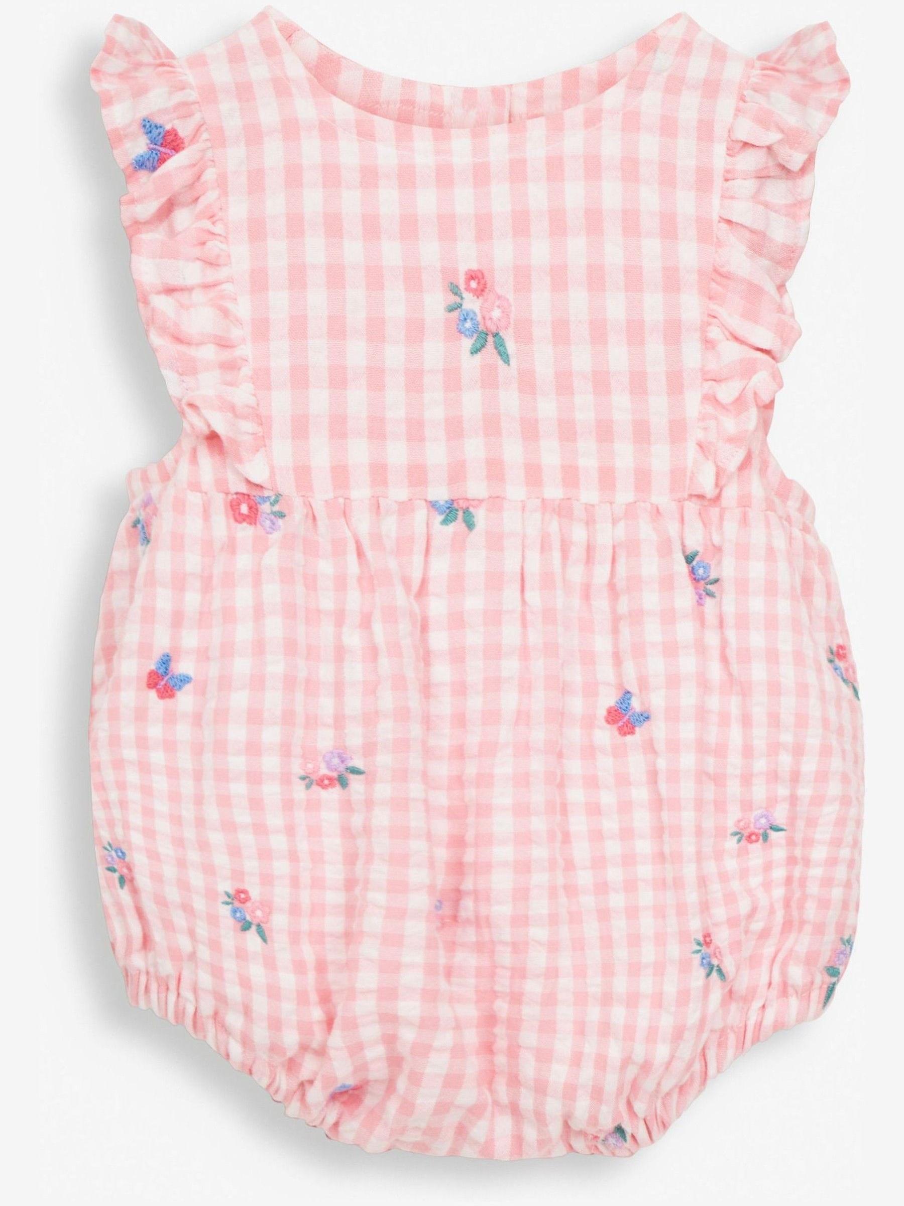 Pink Gingham Embroidered Bubble Baby Romper & Hat Set - Image 6 of 7