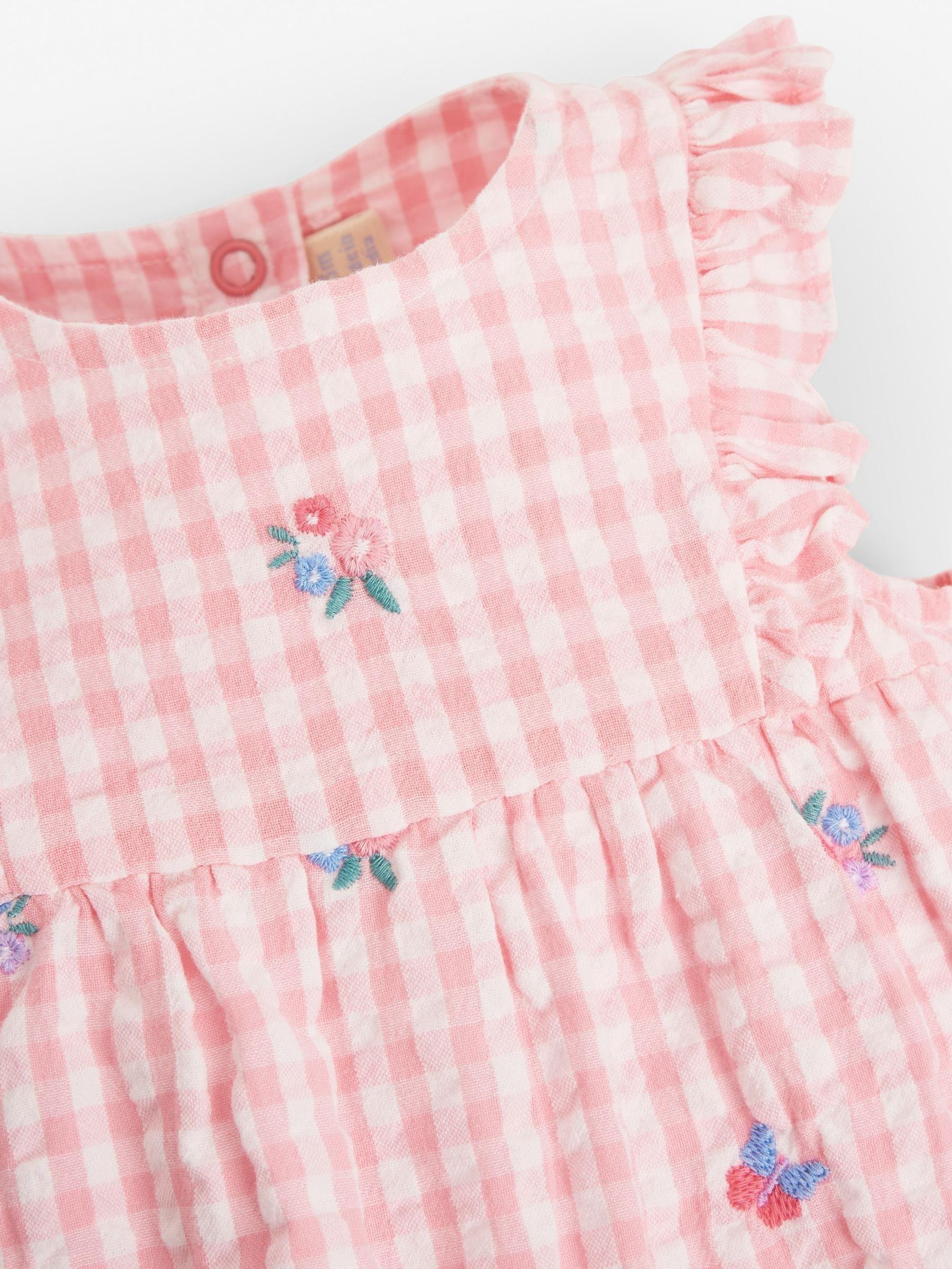 Pink Gingham Embroidered Bubble Baby Romper & Hat Set - Image 7 of 7