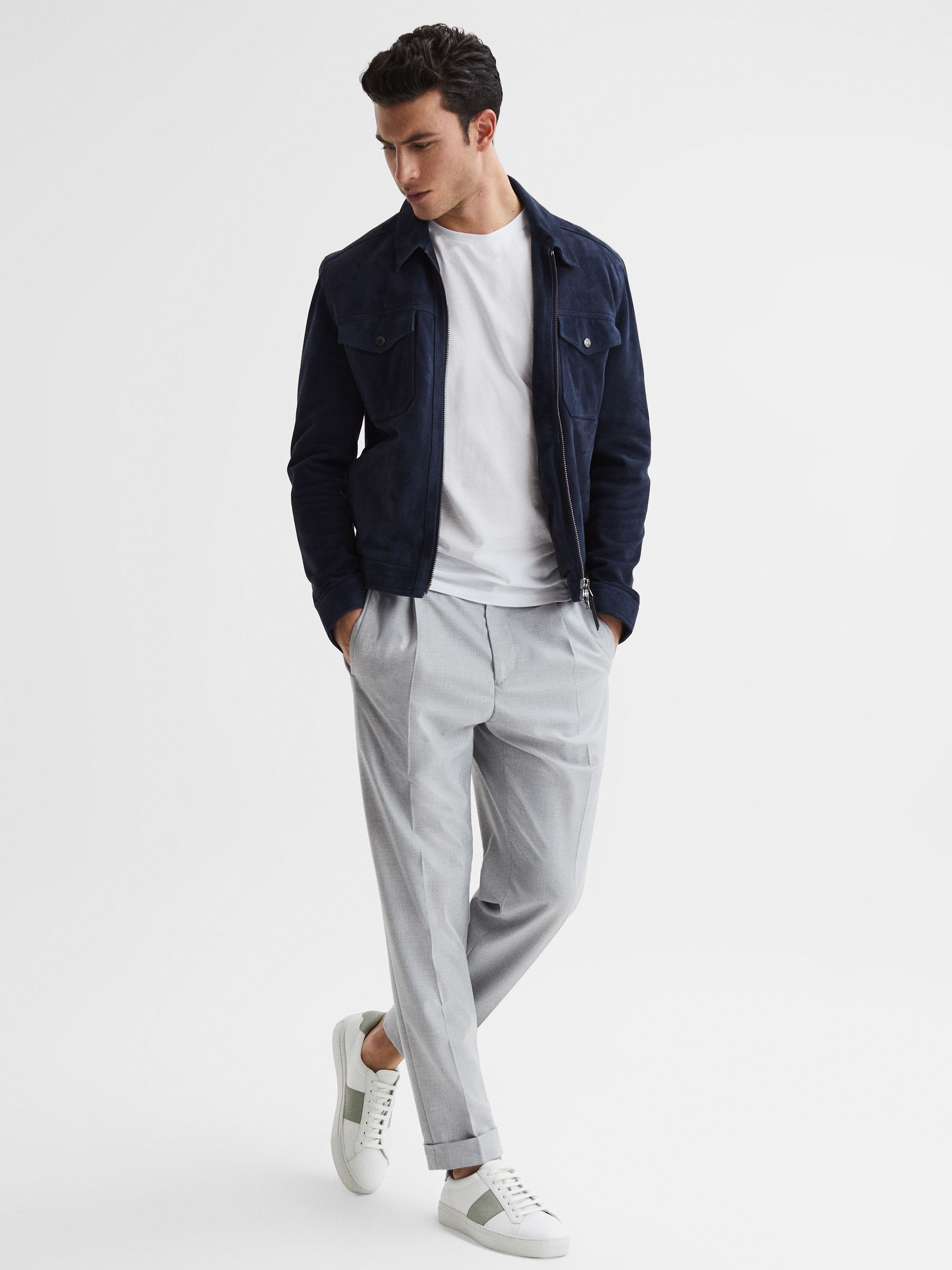 Leather Trainers in White/Sage - Image 2 of 5