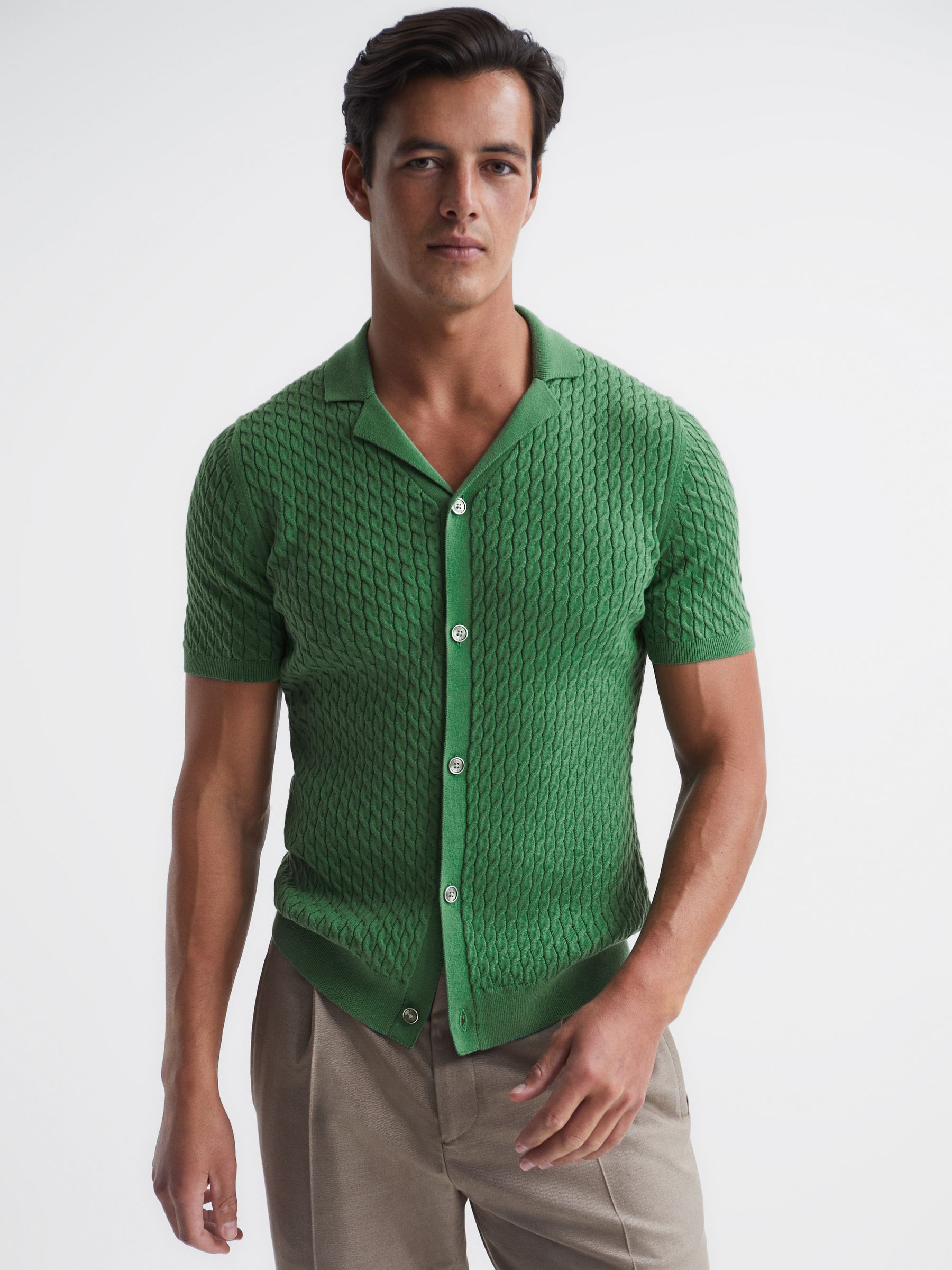 Cable Knit Cuban Collar Button Through Shirt in Emerald - Image 1 of 6