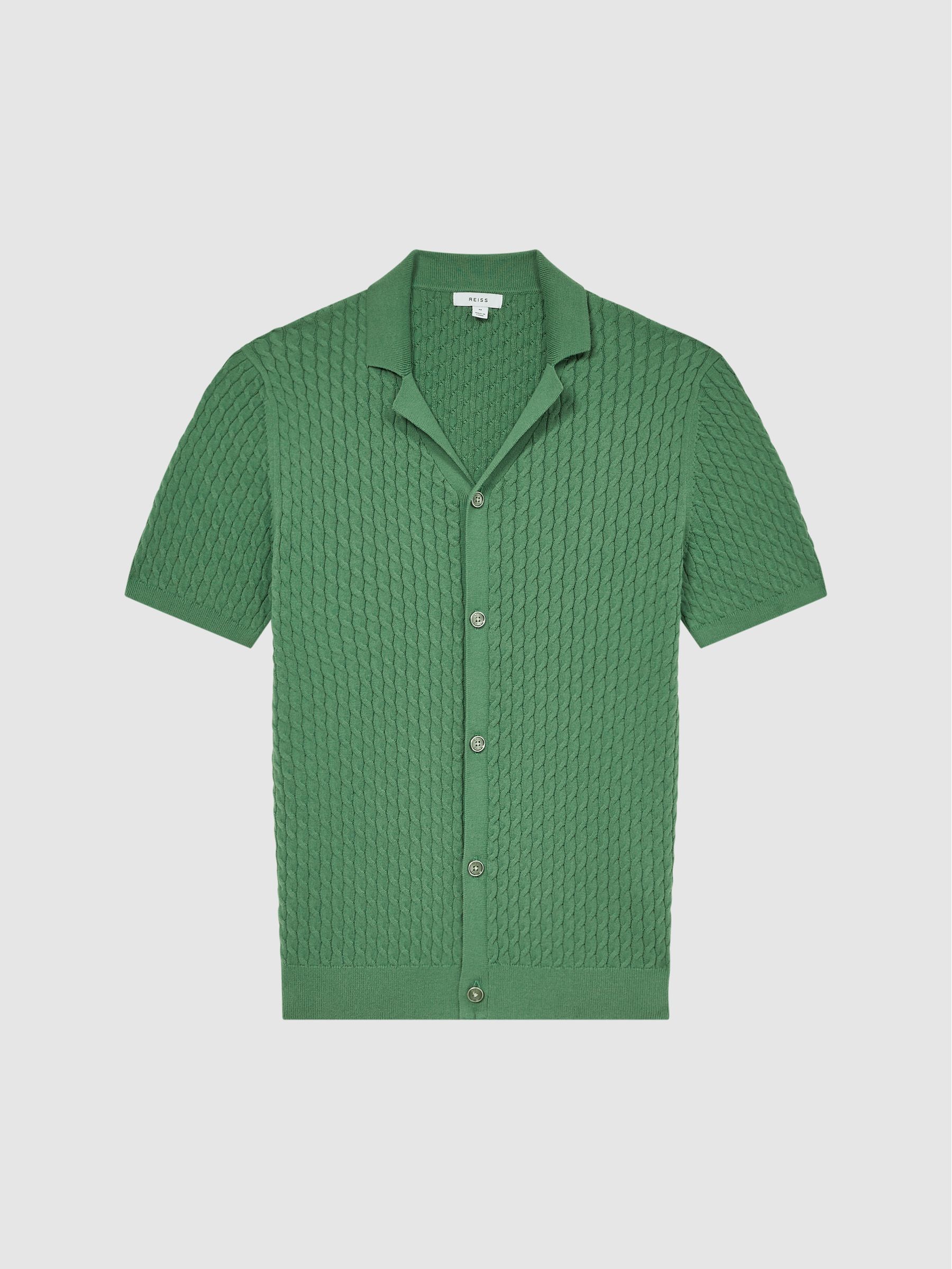 Cable Knit Cuban Collar Button Through Shirt in Emerald - Image 2 of 6