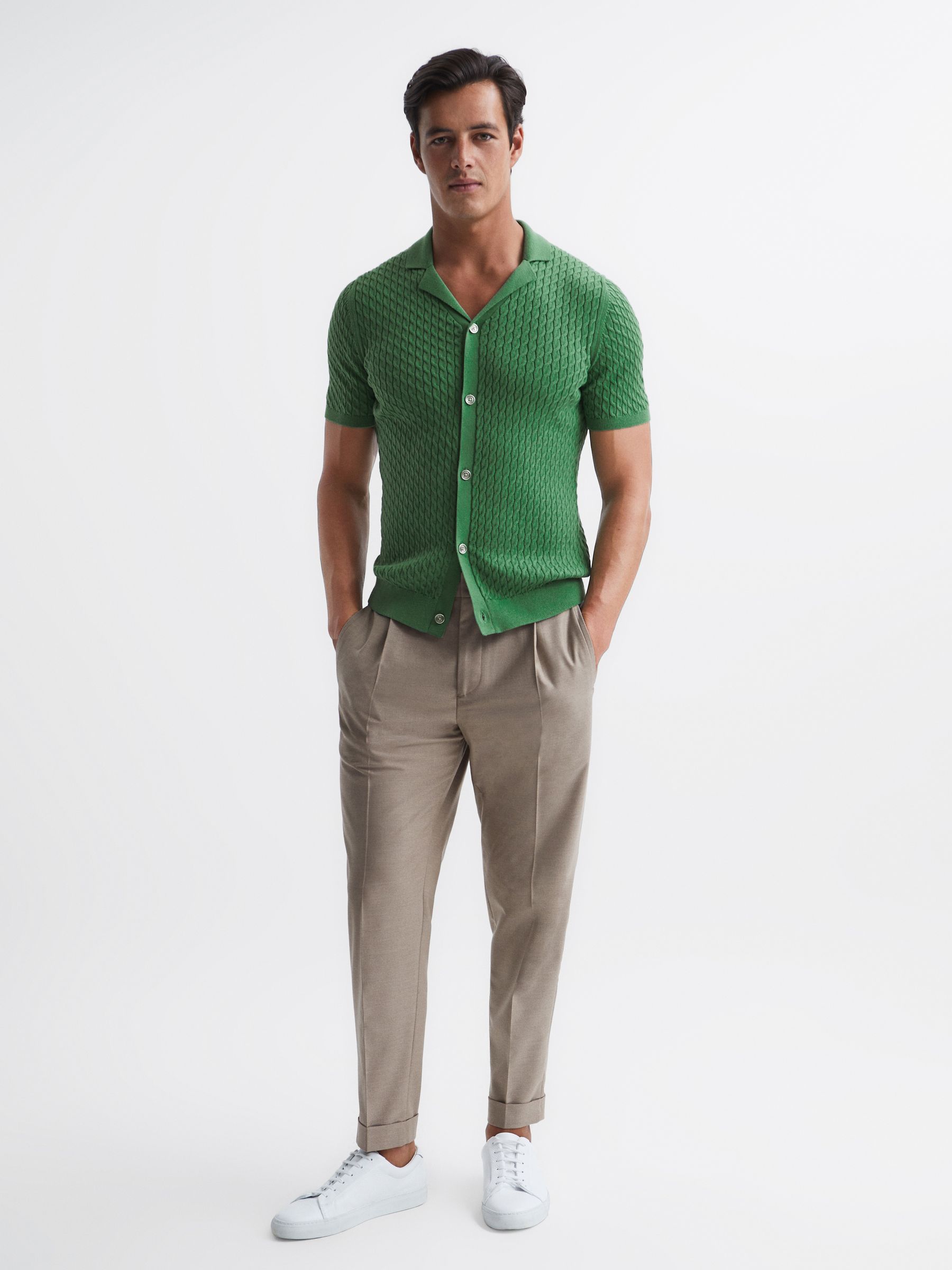 Cable Knit Cuban Collar Button Through Shirt in Emerald - Image 3 of 6