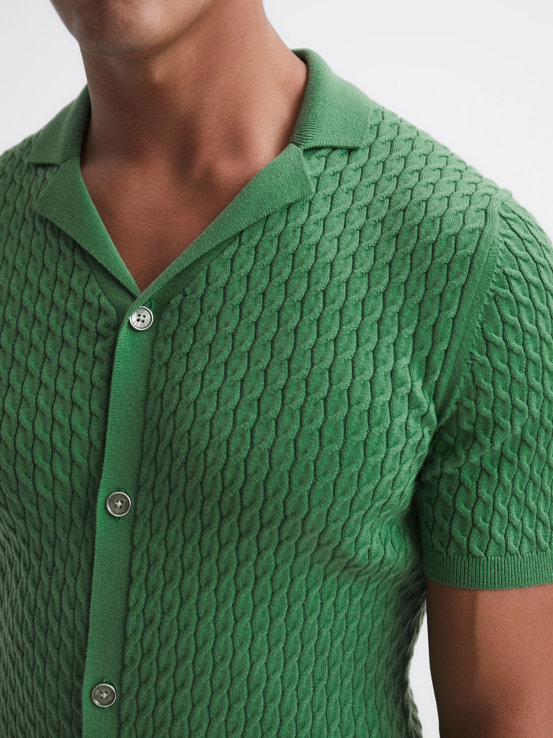 Cable Knit Cuban Collar Button Through Shirt in Emerald - Image 4 of 6