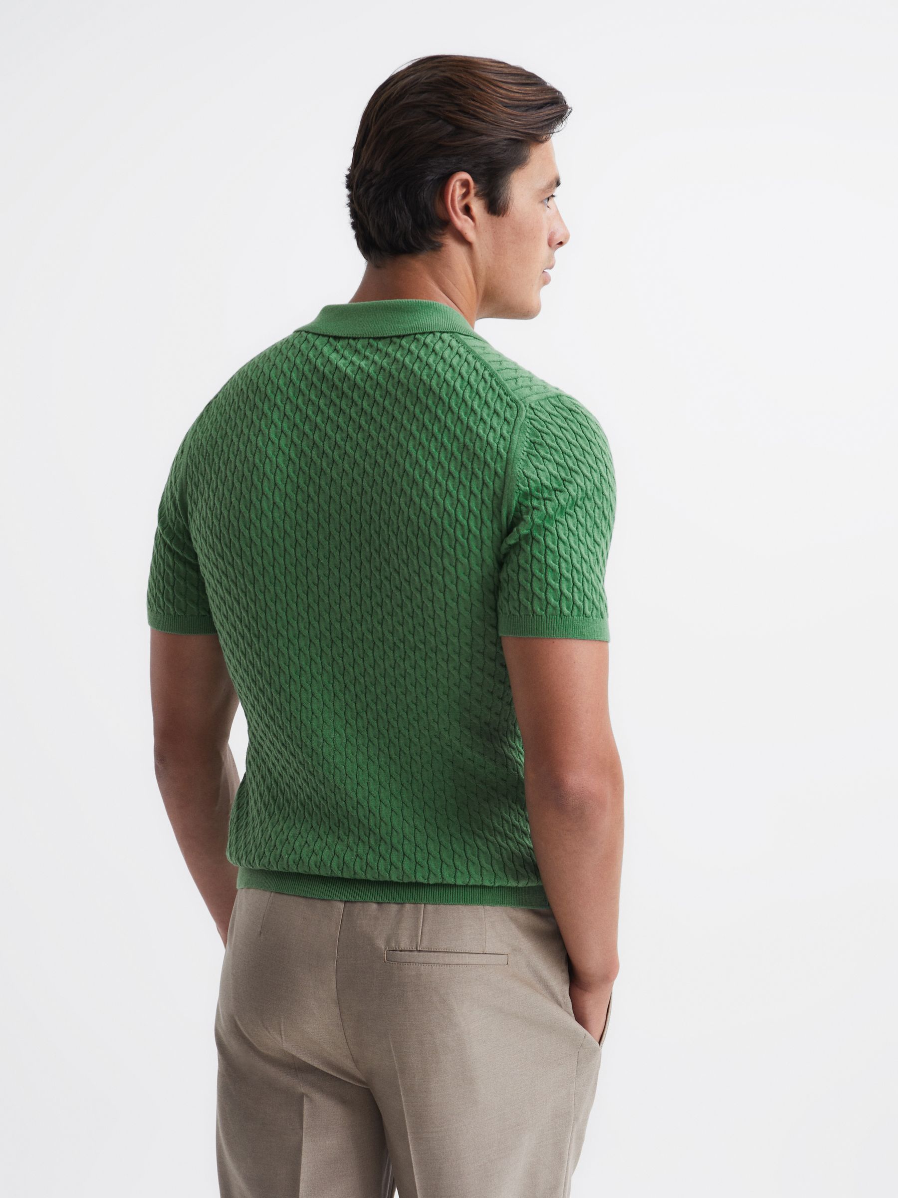 Cable Knit Cuban Collar Button Through Shirt in Emerald - Image 5 of 6