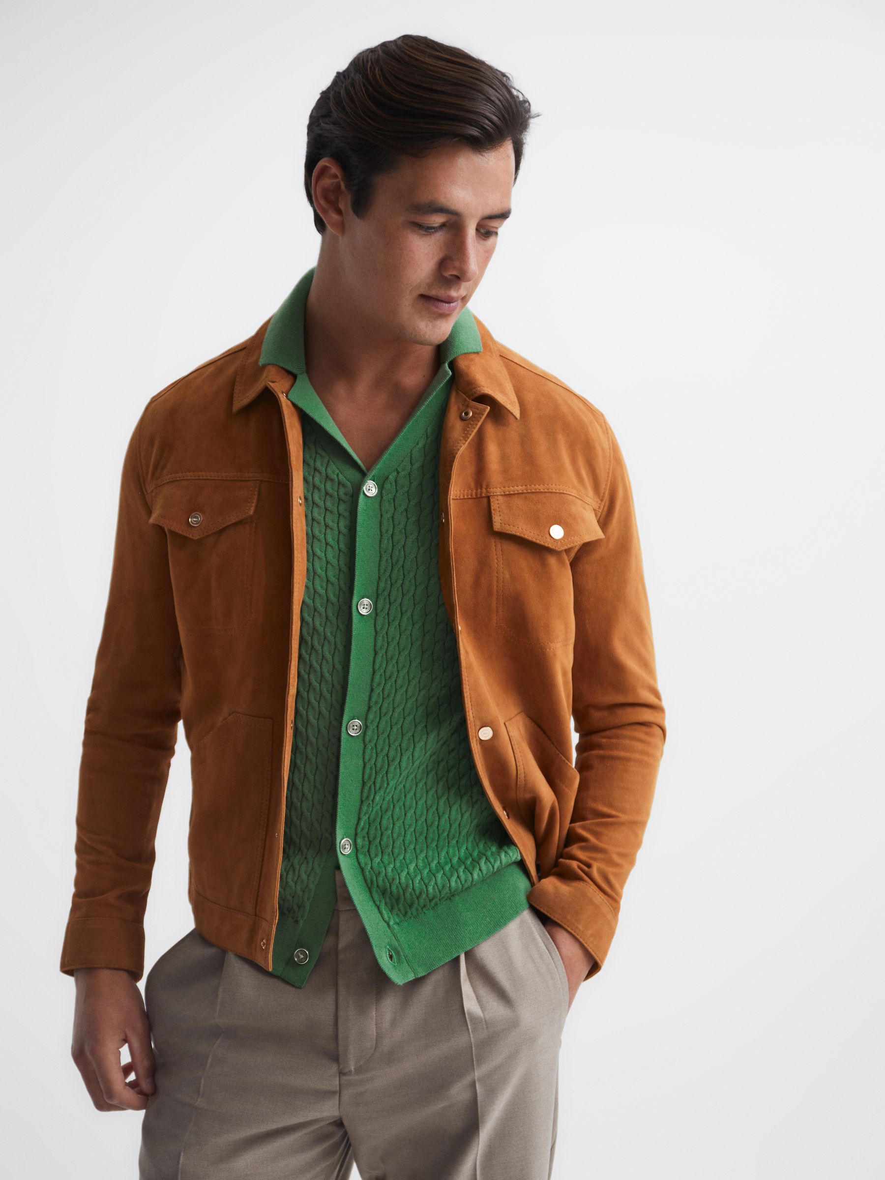 Cable Knit Cuban Collar Button Through Shirt in Emerald - Image 6 of 6
