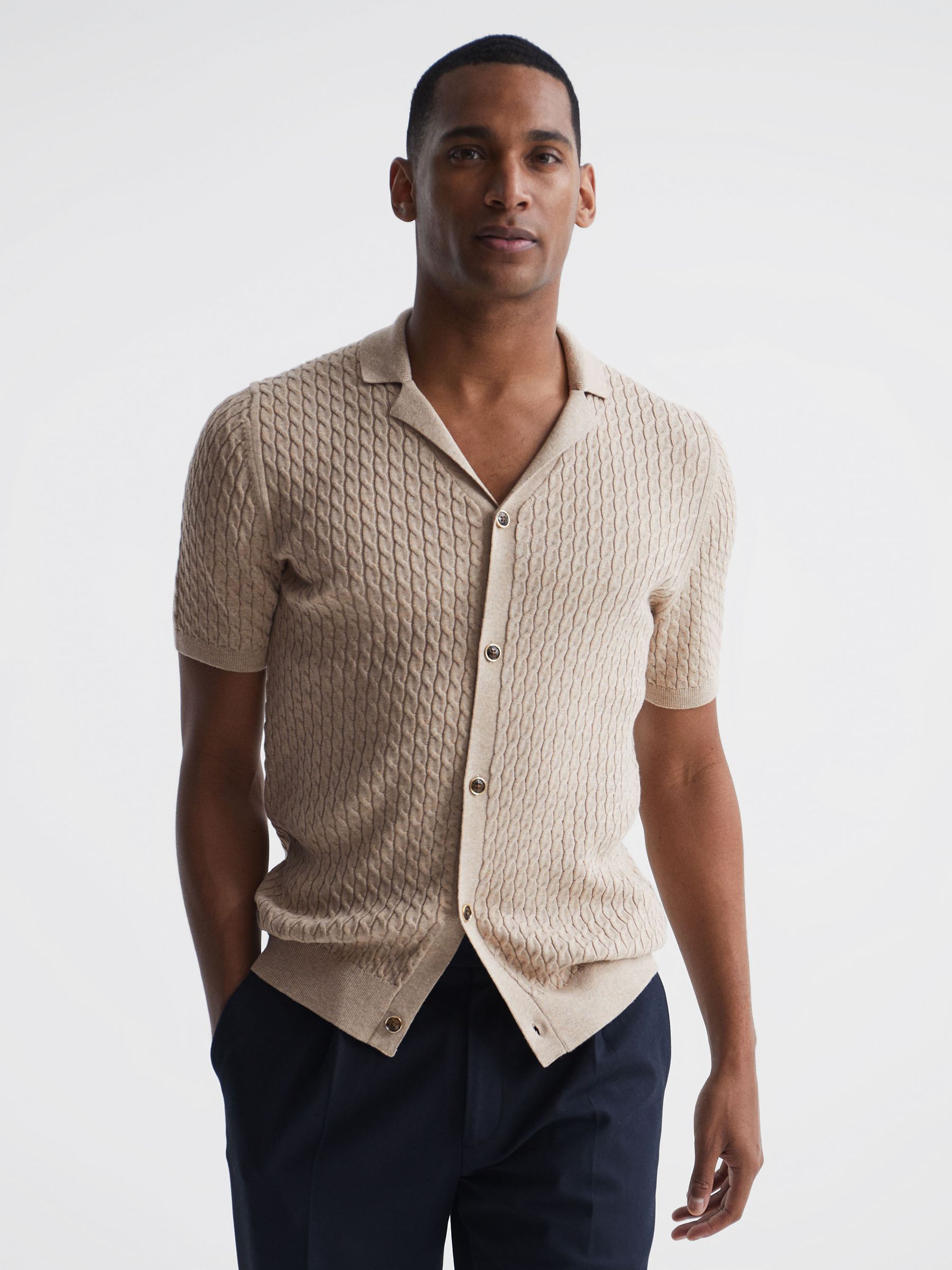 Cable Knit Cuban Collar Button Through Shirt in Oatmeal Melange - Image 1 of 6