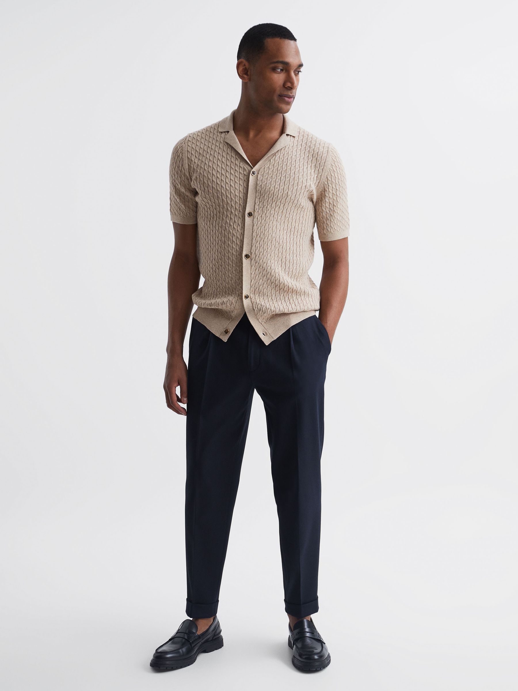 Cable Knit Cuban Collar Button Through Shirt in Oatmeal Melange - Image 3 of 6