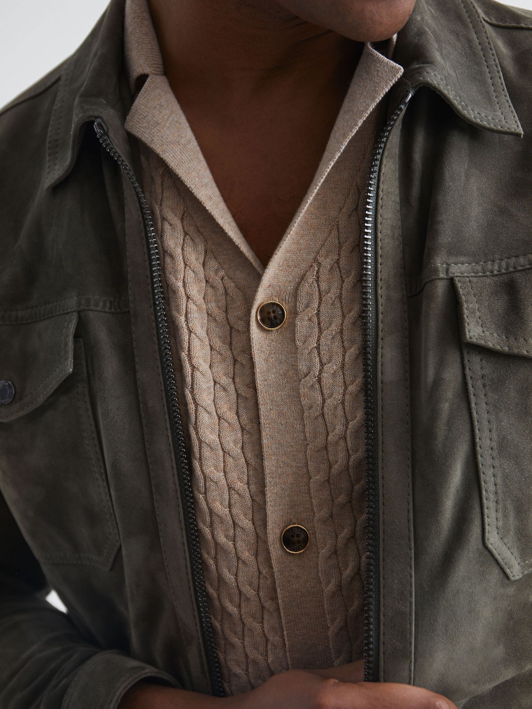 Cable Knit Cuban Collar Button Through Shirt in Oatmeal Melange - Image 4 of 6
