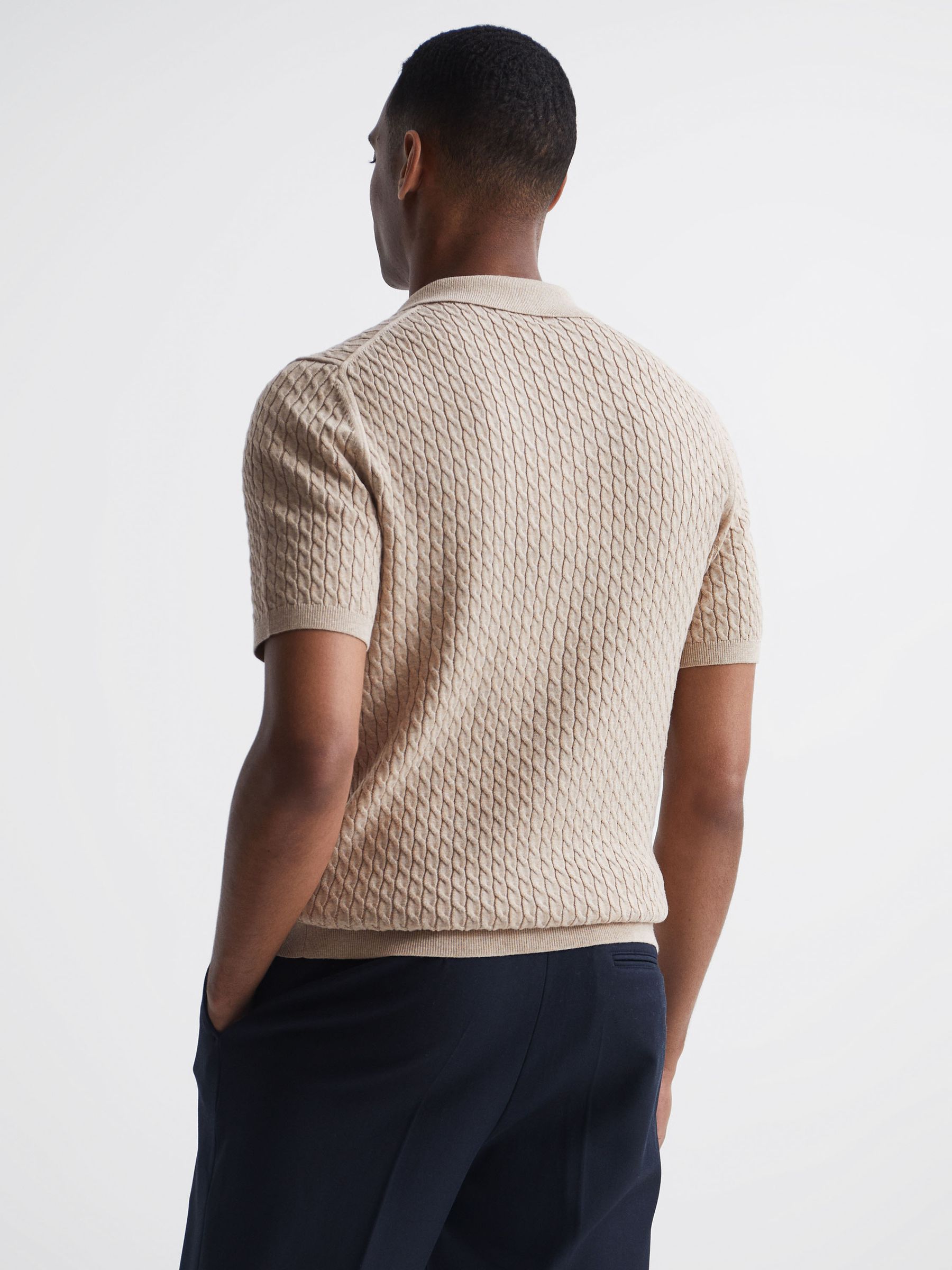 Cable Knit Cuban Collar Button Through Shirt in Oatmeal Melange - Image 5 of 6