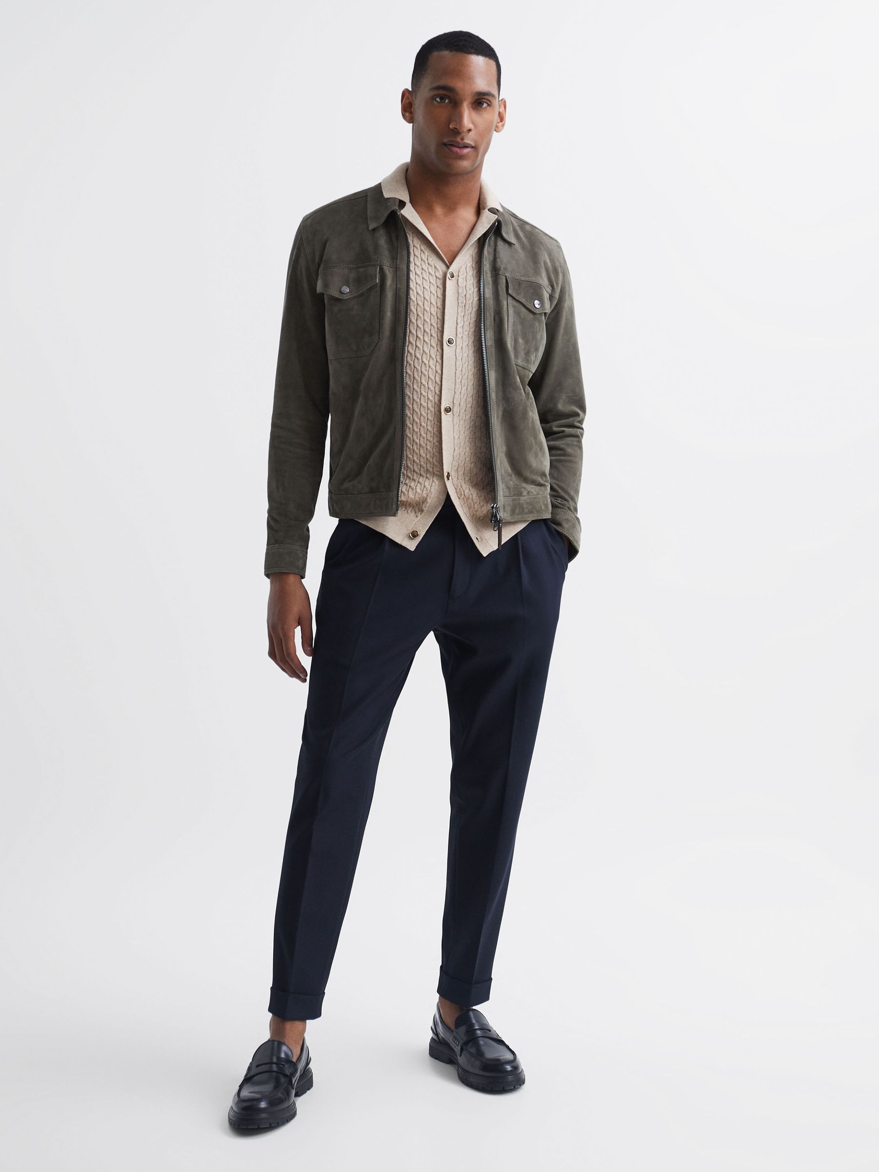 Cable Knit Cuban Collar Button Through Shirt in Oatmeal Melange - Image 6 of 6