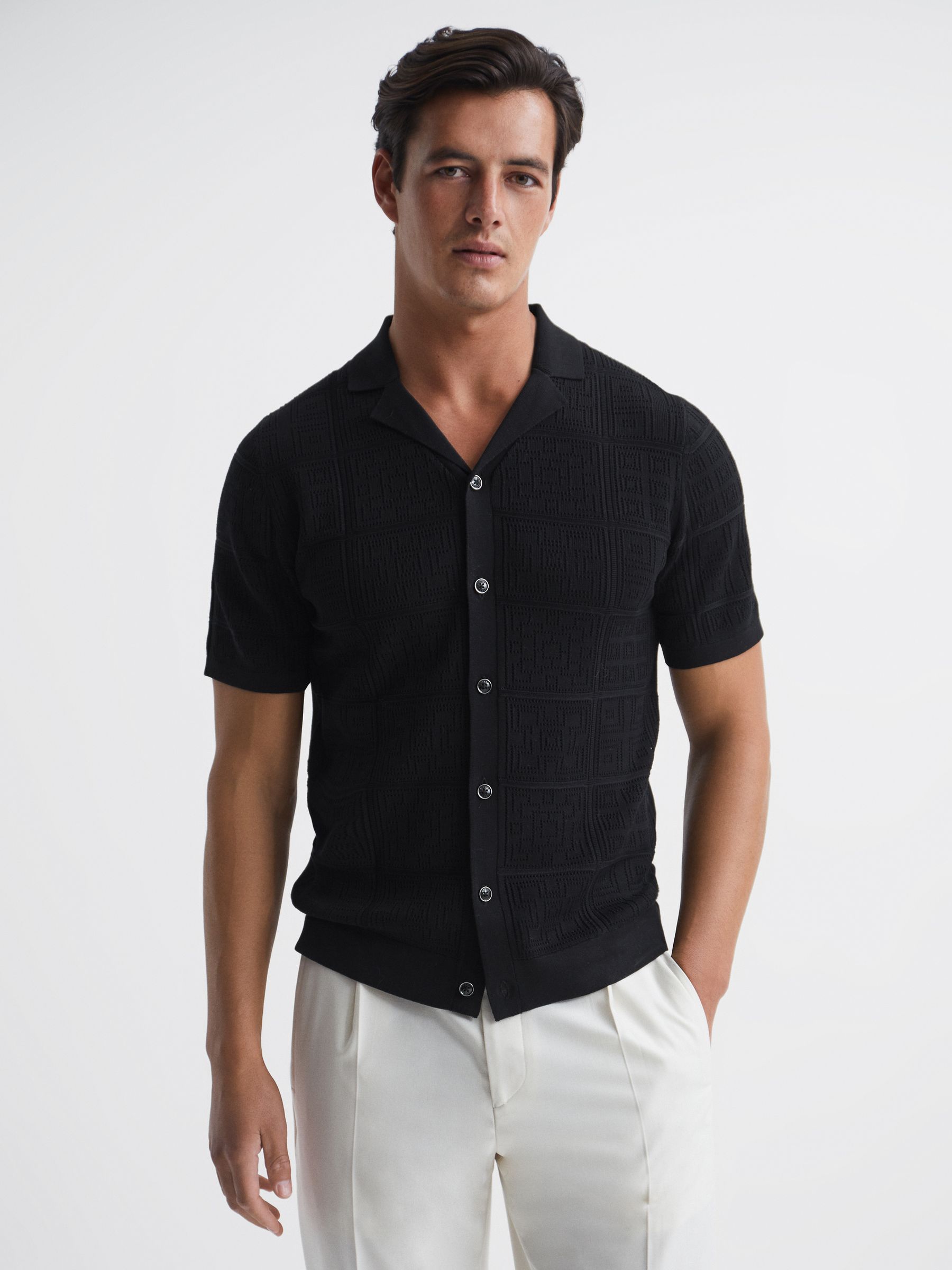 Textured Button Through Shirt in Black - Image 1 of 6