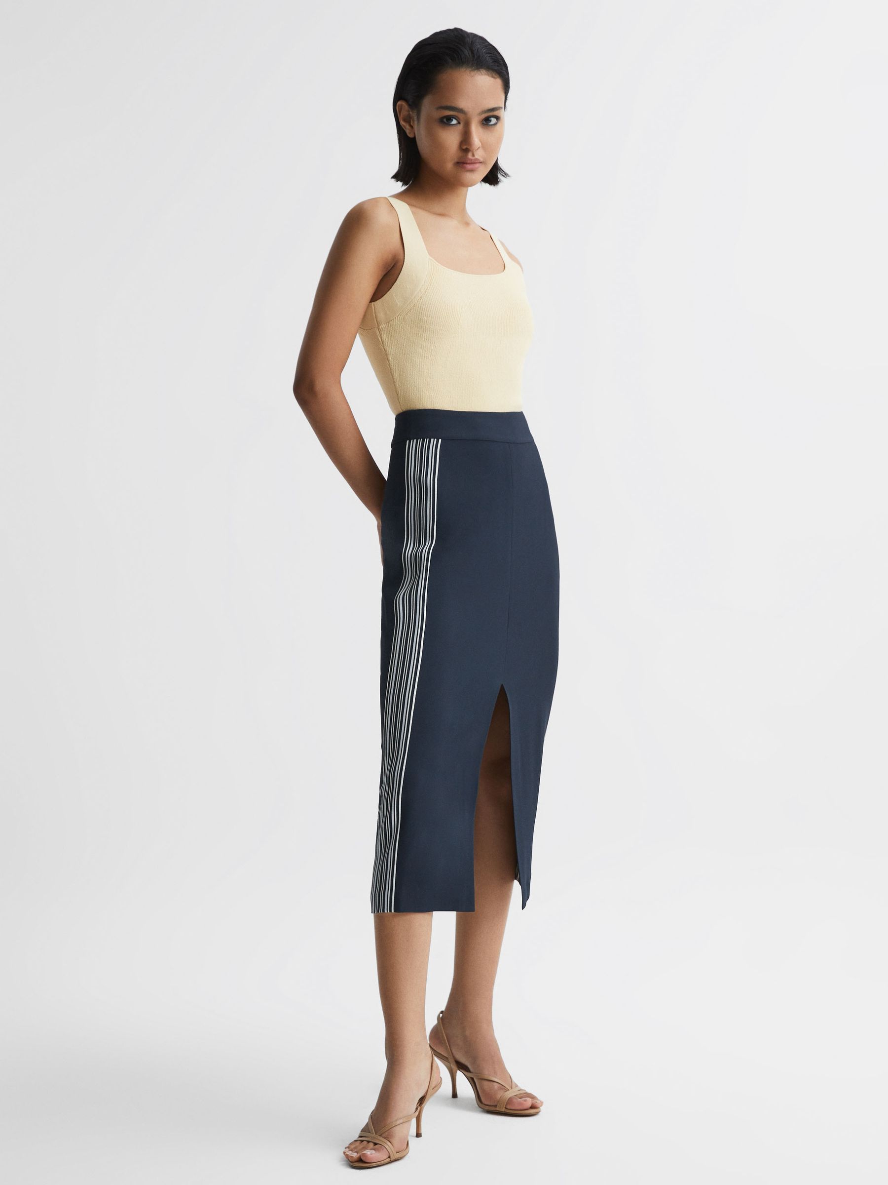 High Rise Midi Pencil Skirt in Navy - Image 3 of 6