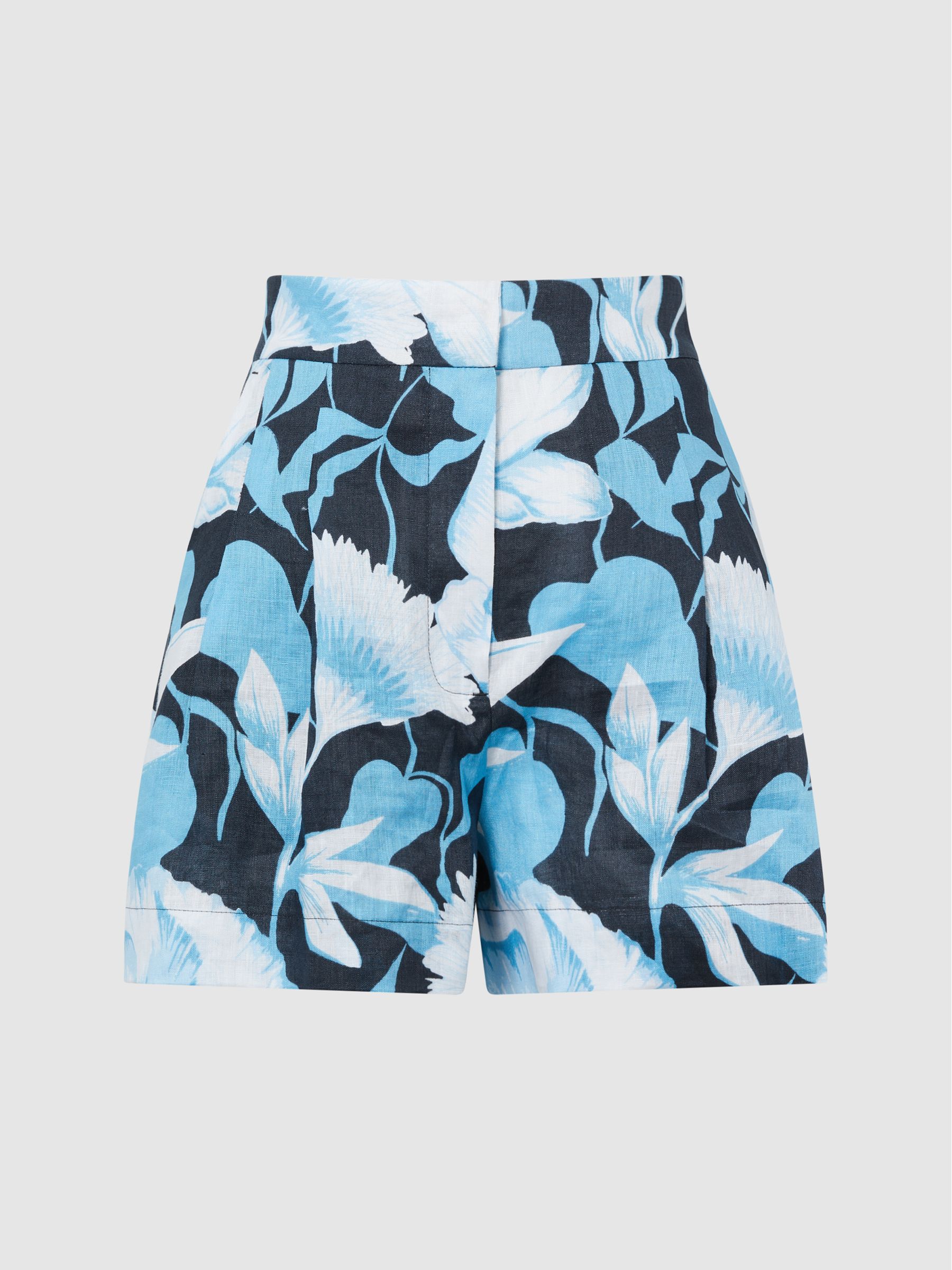 Linen Floral Printed Shorts in Blue Print - Image 2 of 5