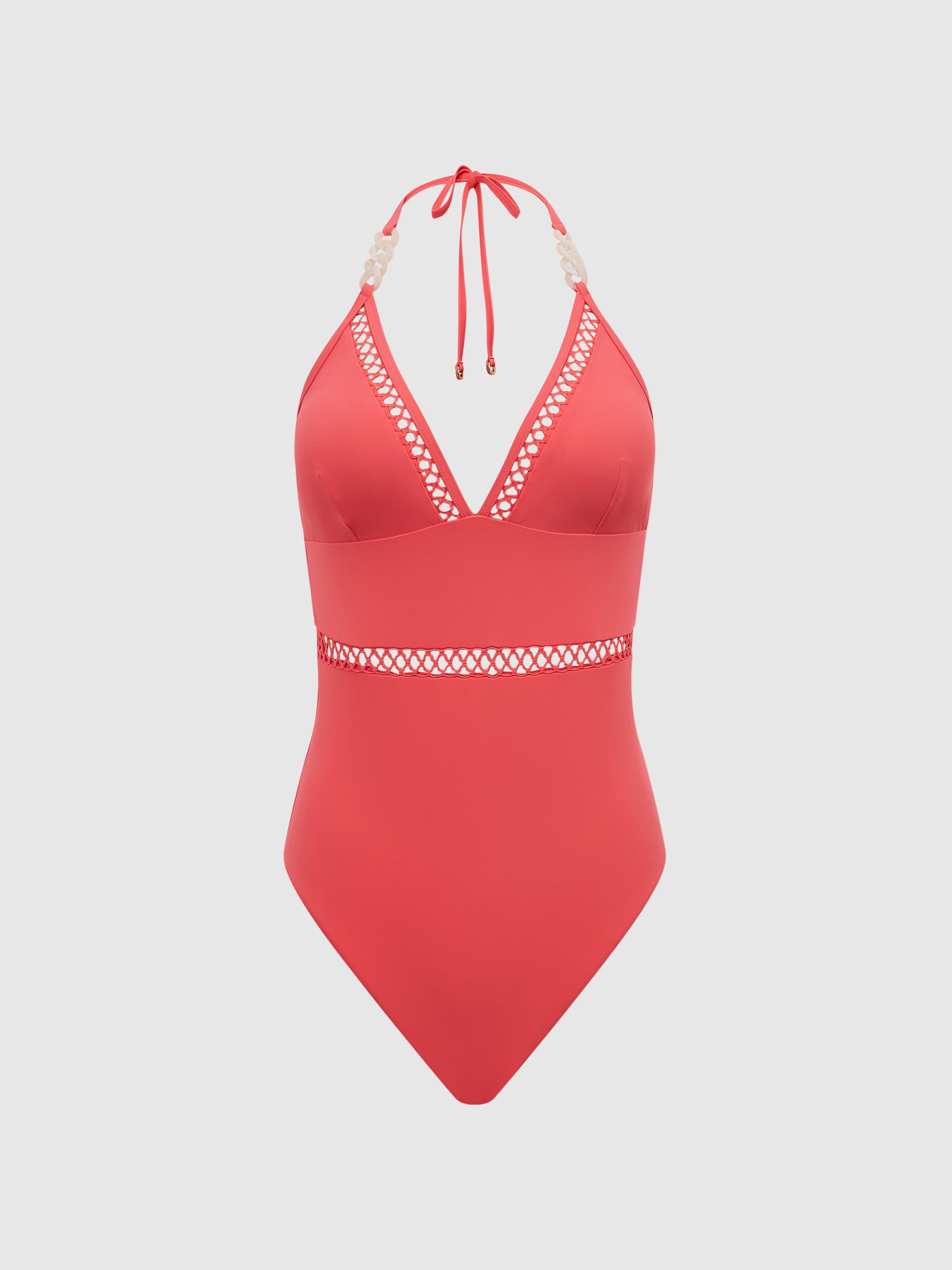 Colourblock Halter Swimsuit in Coral - Image 2 of 7