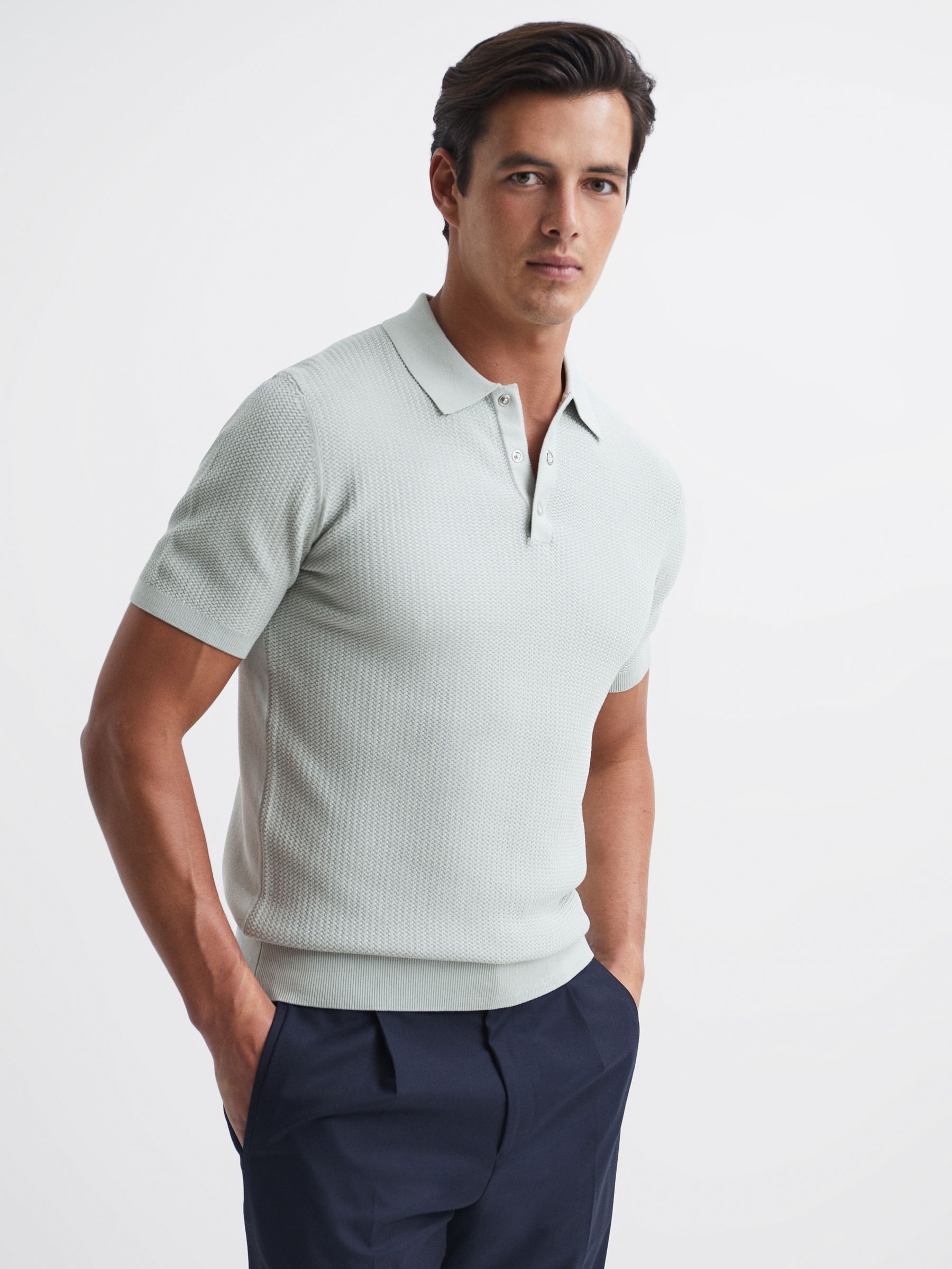 Press Stud Textured Polo Shirt in Soft Sage - Image 1 of 5