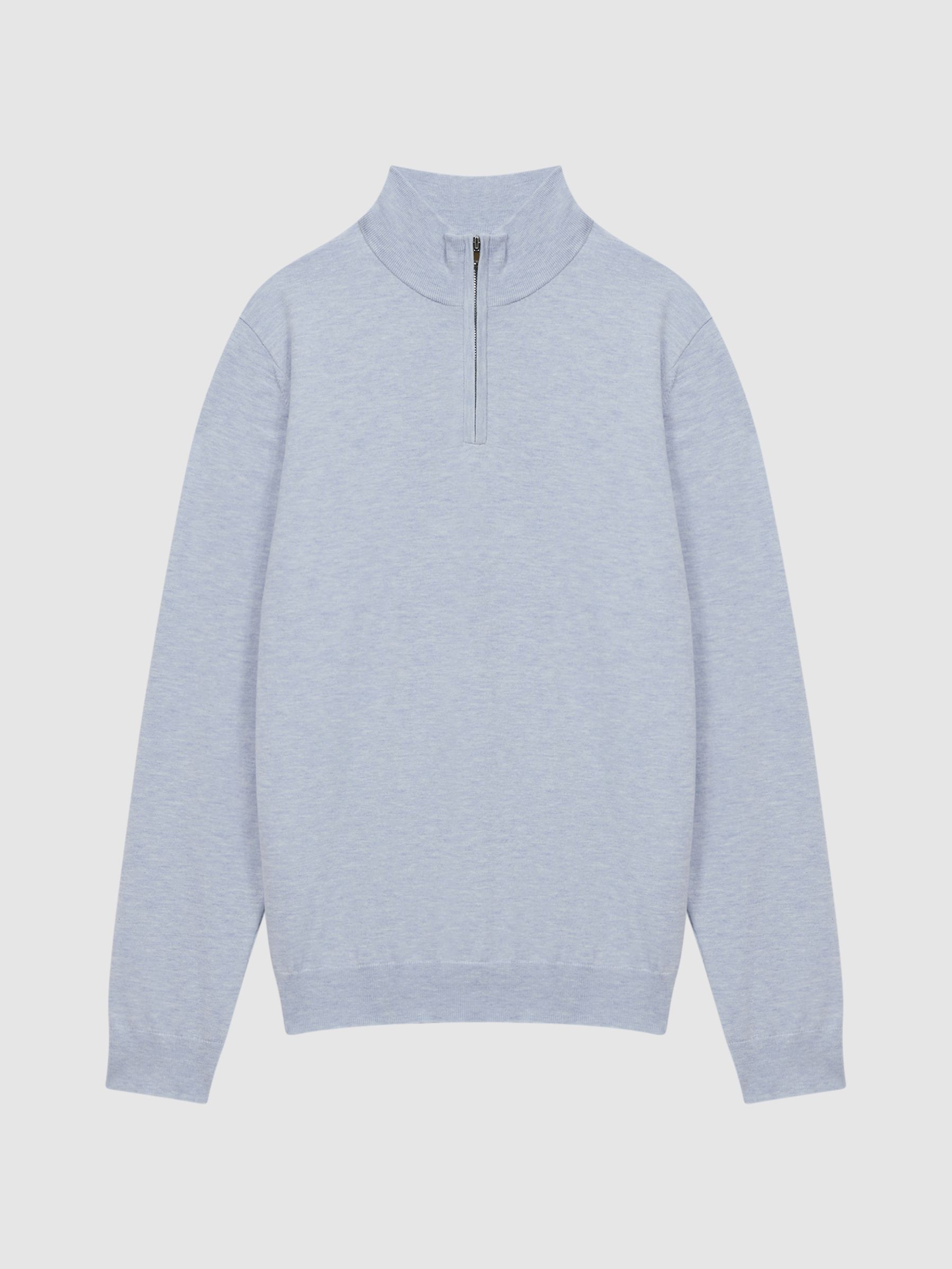 Half Zip Funnel Neck Cotton Jumper in Sky Blue Melange - Image 2 of 5