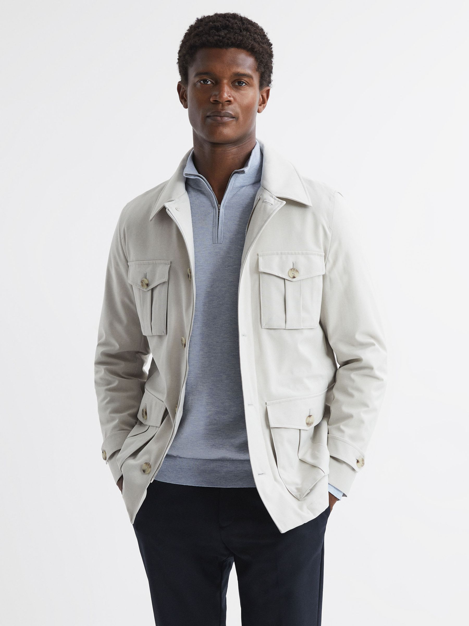 Half Zip Funnel Neck Cotton Jumper in Sky Blue Melange - Image 3 of 5