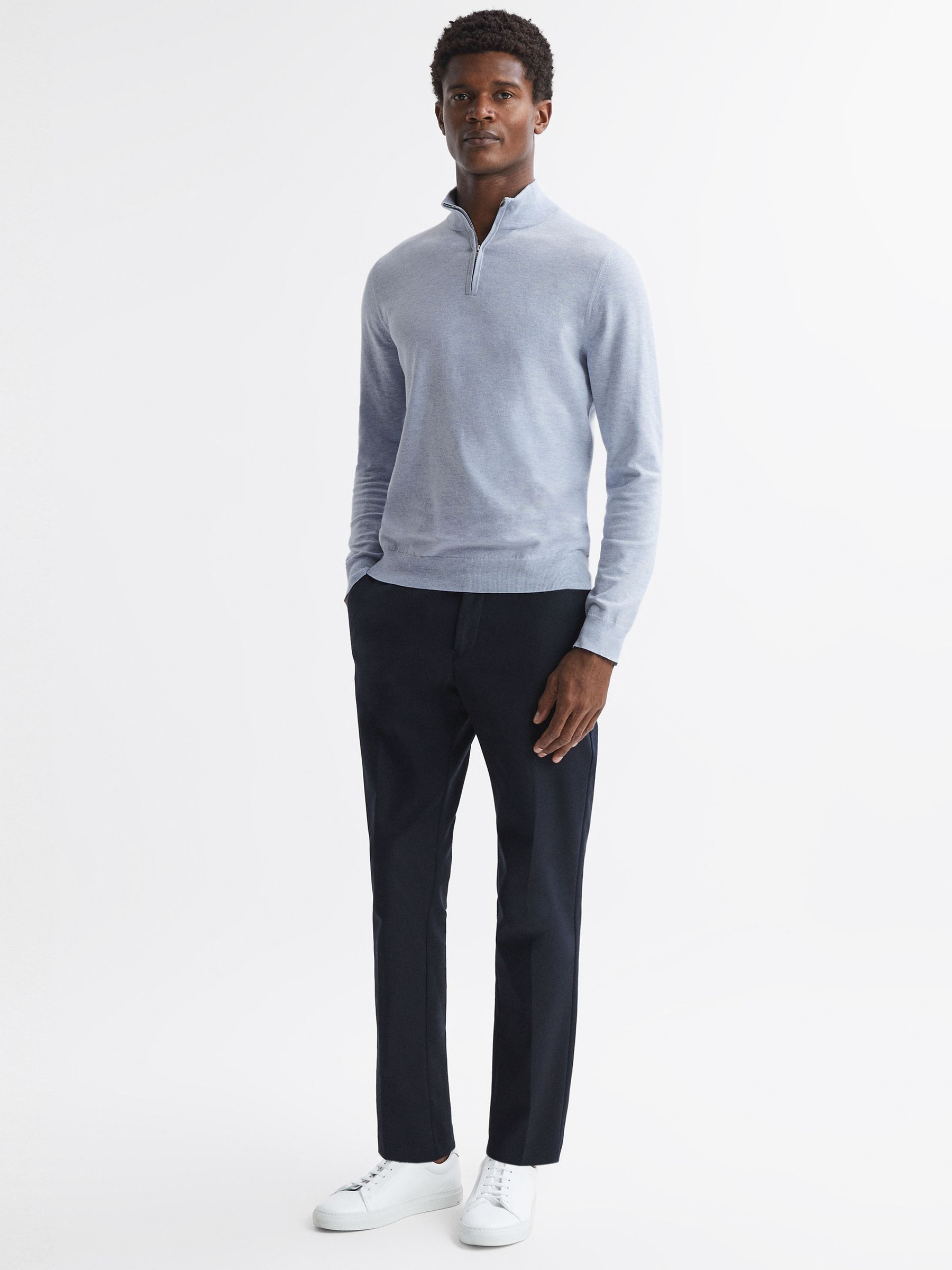 Half Zip Funnel Neck Cotton Jumper in Sky Blue Melange - Image 4 of 5