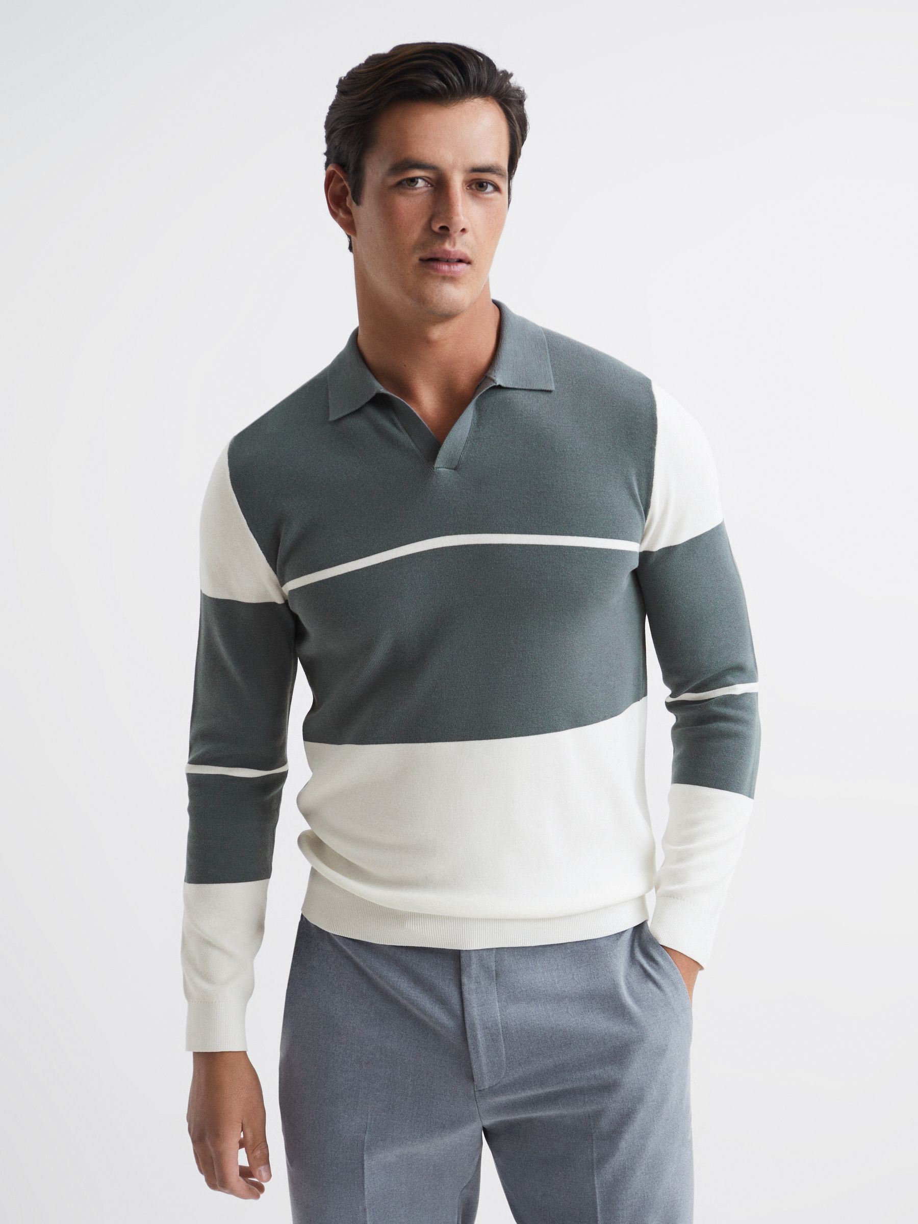 Chemise coupe slim color block à col ouvert en sauge foncé/blanc - Image 6 de 7