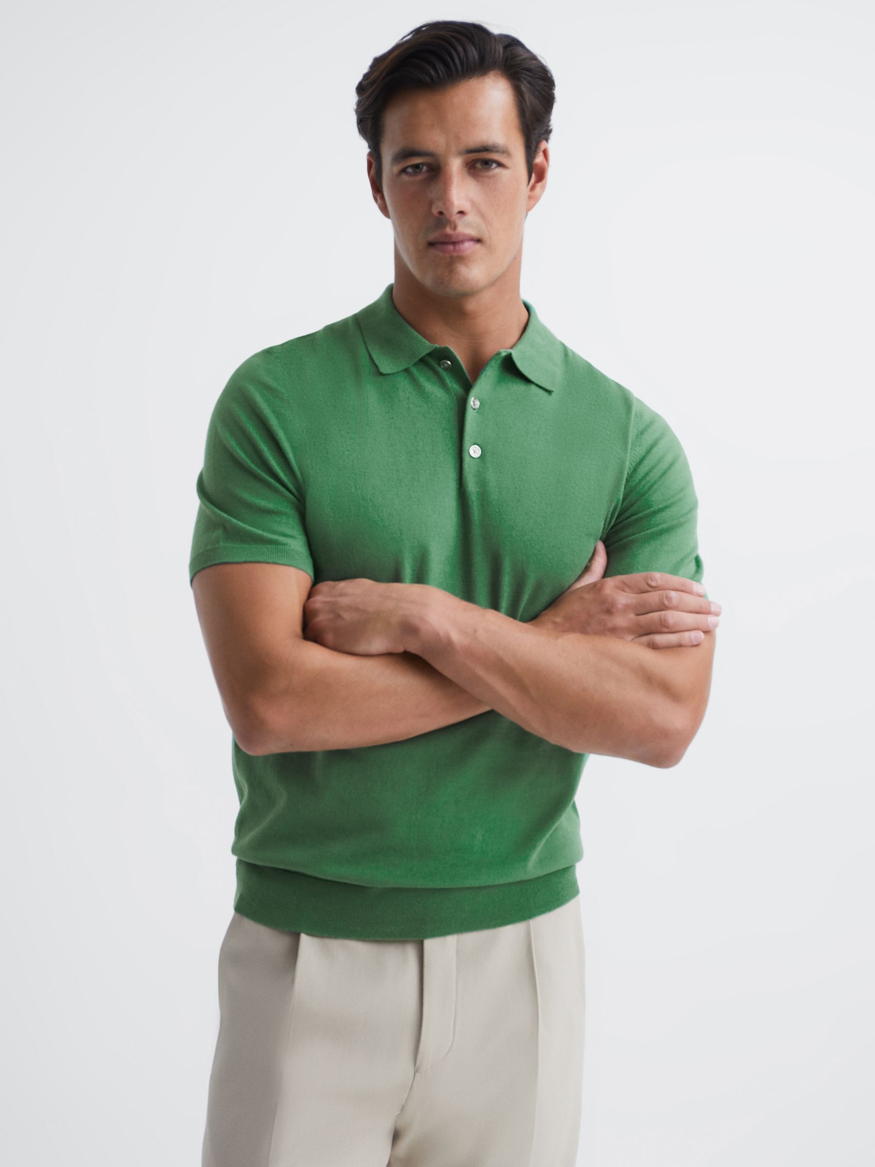 Slim Fit Knitted Polo Shirt in Emerald - Image 1 of 6